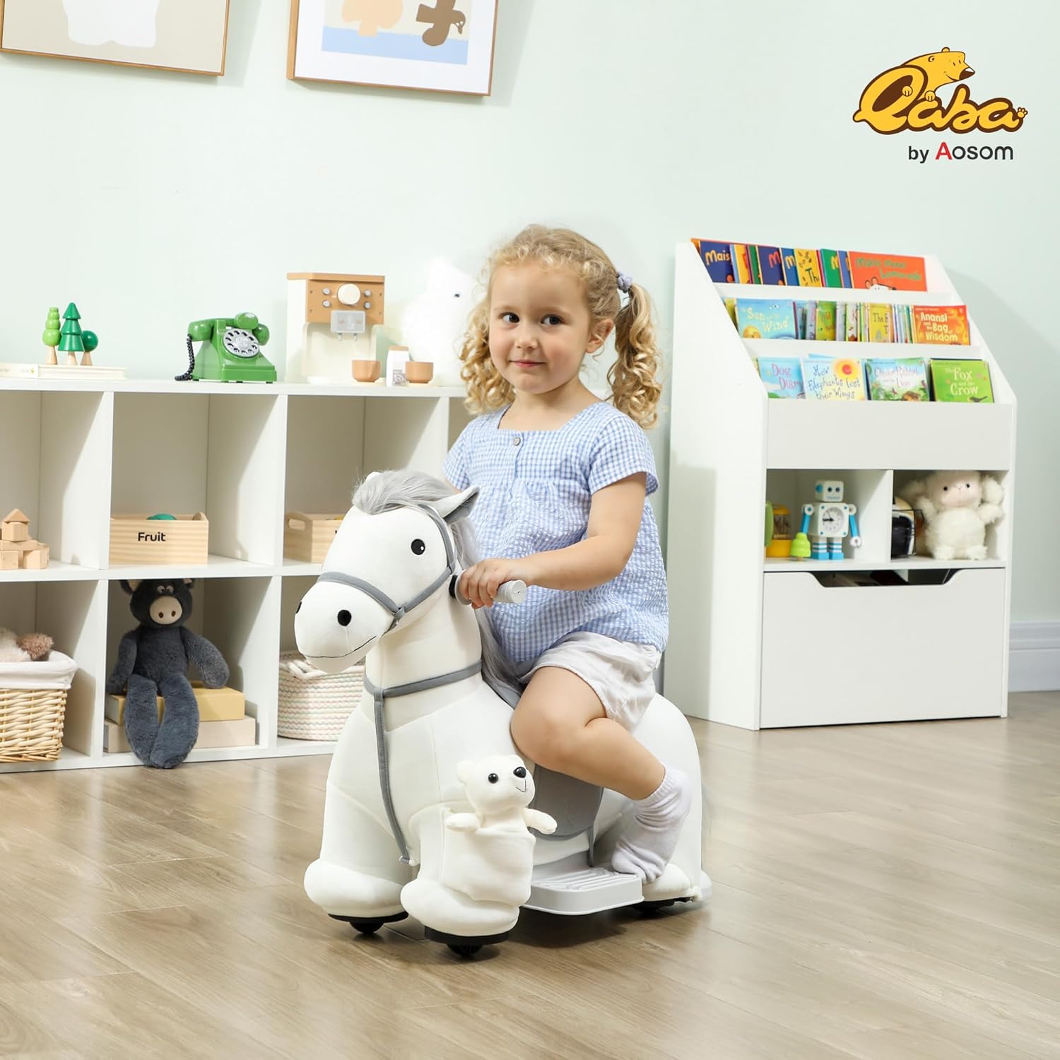 Qaba 6V Kids Ride on Horse, Battery Powered Ride on Toy, Electric Riding Pony with Bear Toy, Music, Soft Touch, PU Wheels, Foot Pedal, Forward, for Girls Boys Aged 1.5-5 Years, White