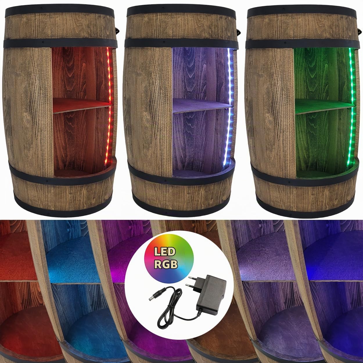 WEECO Barile in legno a LED RGB con apribottiglie, barile in legno, barile e bibite, Armadietto per bevande alcoliche, Botte Di whisky, Barile per l'esposizione di collezione di bottiglie 80cm (wengé)