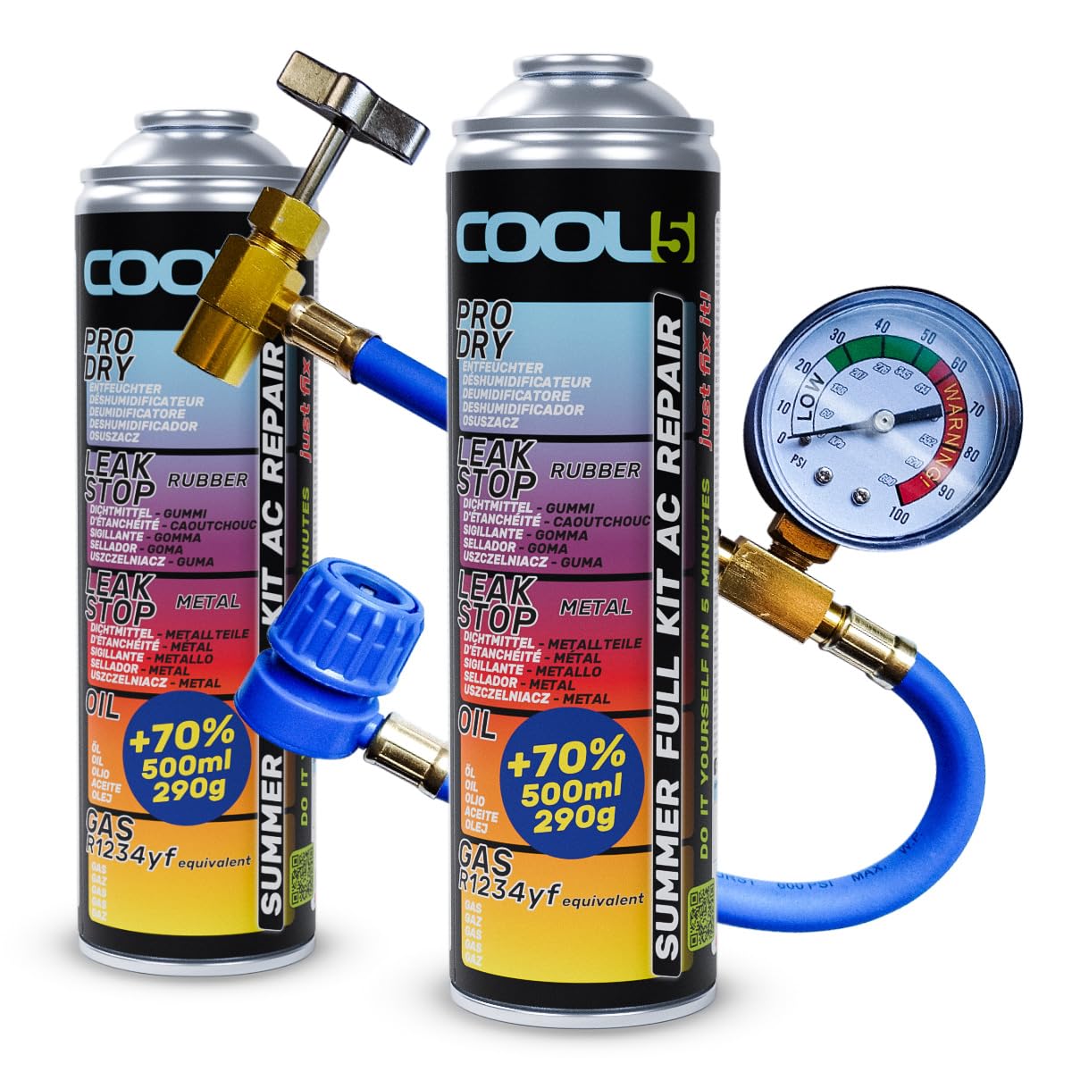 Zwei Dosen Summer Full KIT AC 5in1 Klimaanlagen-Reparaturset (Ersatzgas R1234yf) mit Messschlauch – für Fahrzeuge ab Baujahr 2017, 2X 290 g, +70% Produkt – Klimaanlagenlösung.