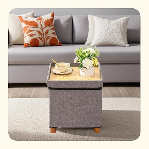 Miniatura 28 de PINPLUS Cubo otomano de almacenamiento, reposapiés de lino con patas de madera, reposapiés de tela plegable, asiento cómodo con tapa, otomana con