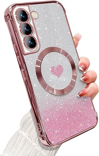 Miniatura 7 de Funda magnética para Samsung Galaxy S22 Ultra, para mujeres y niñas, suave chapado de lujo, degradado, con purpurina, bonita funda de corazón,