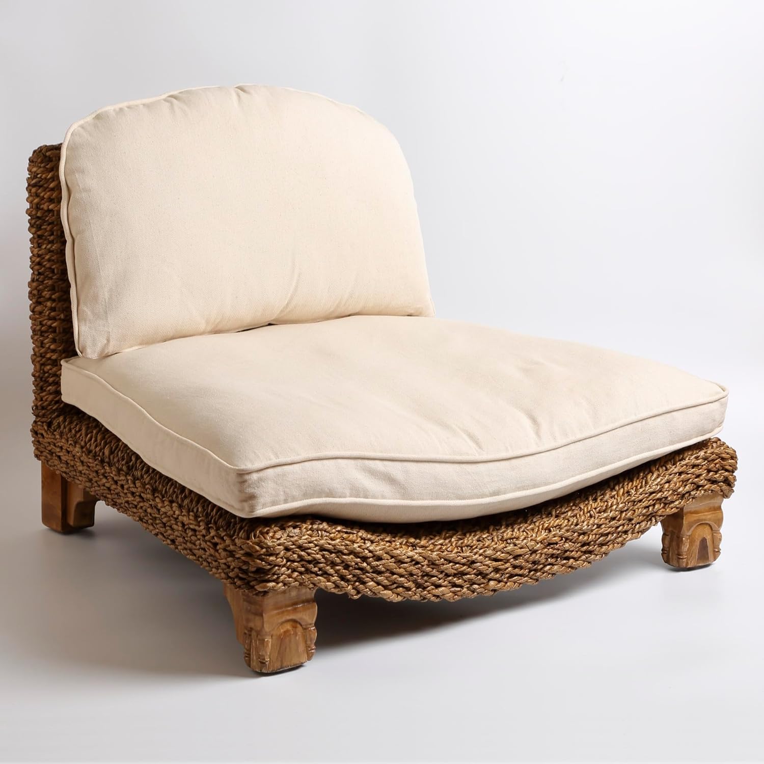 Serenity Meditation Floor Chair with Seagrass Woven Seat and Solid Mangowood Frame, Cushioned Seat, Wooden Legs, Natural Finish (Cream)