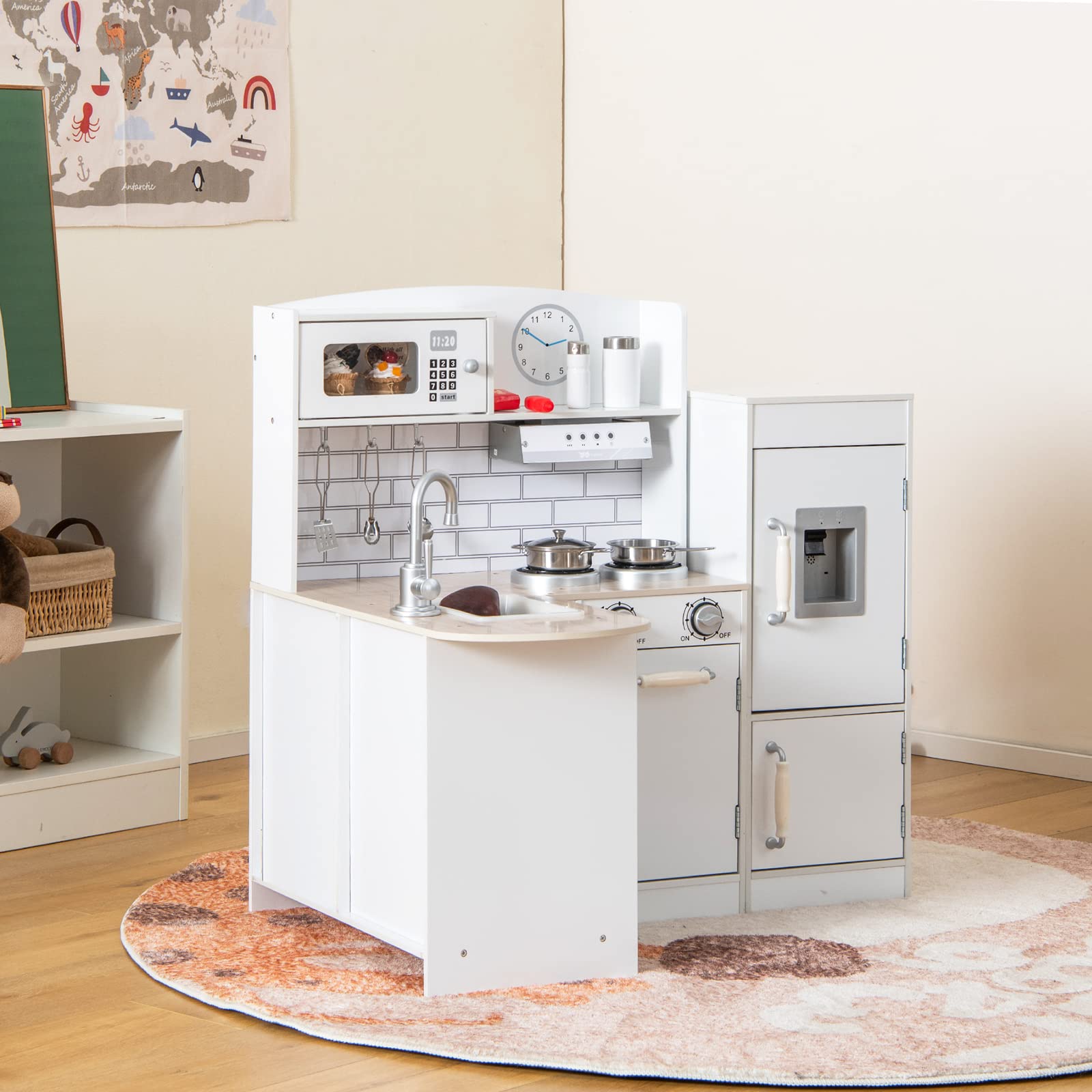 RELAX4LIFE Cucina Giocattolo per Bambini, Mini Cucina in Legno con Lavello, Fornelli, Microonde, Frigorifero, Giocattolo Educativo per Bambini 3+ Anni (Classica)