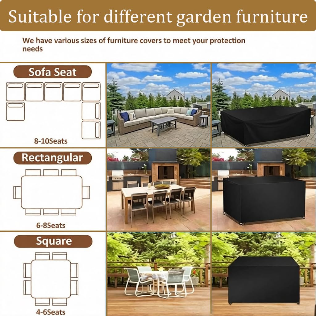 HNKDKJ XL Gartenmöbel Abdeckung 370x160x120cm/LxBxH Wasserdicht UV-beständig Staubdicht 420D Oxford Stoff Schutzhülle Abdeckplane Gartentischabdeckung Abdeckhaube Schutzplane Regenschutz - Schwarz
