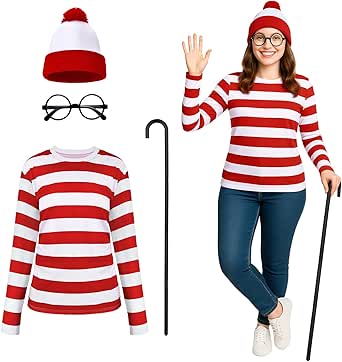 Where's Waldo Costume - Women's Complete Red White Striped Halloween Cosplay Outfit