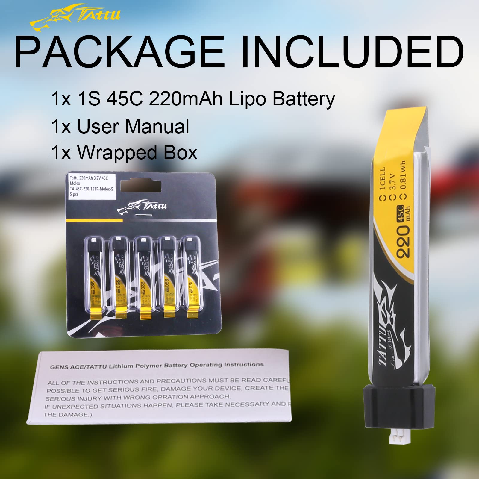 Tattu Batería LiPo 220mAh 3.7V 45C 1S con Conector Ultra Micro (5 Piezas) para Blade Inductrix Tiny Whoop FPV Nano QX Nano CPX Nano CPS E-flite Micro avión