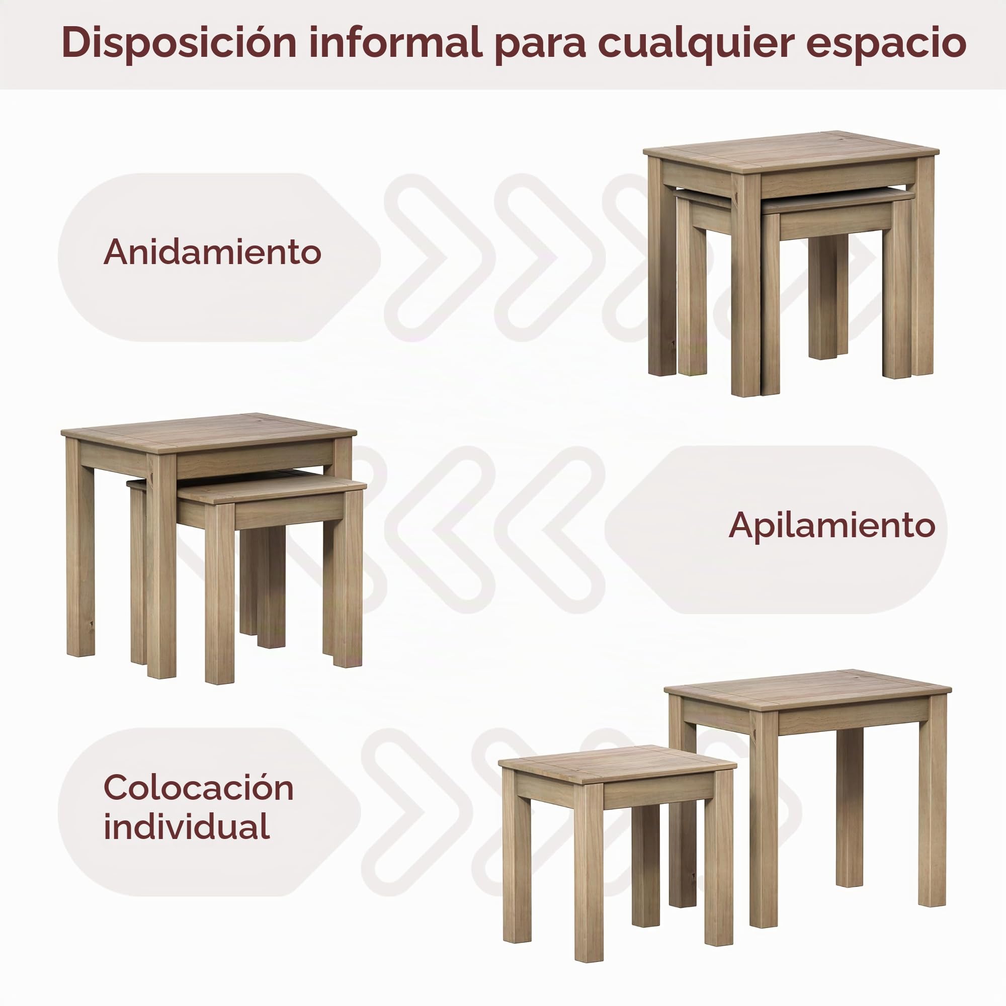 Vida Designs Panama - Mueble Nido de 2 mesas, Madera de Pino Macizo, Moderna lámpara Lateral para salón