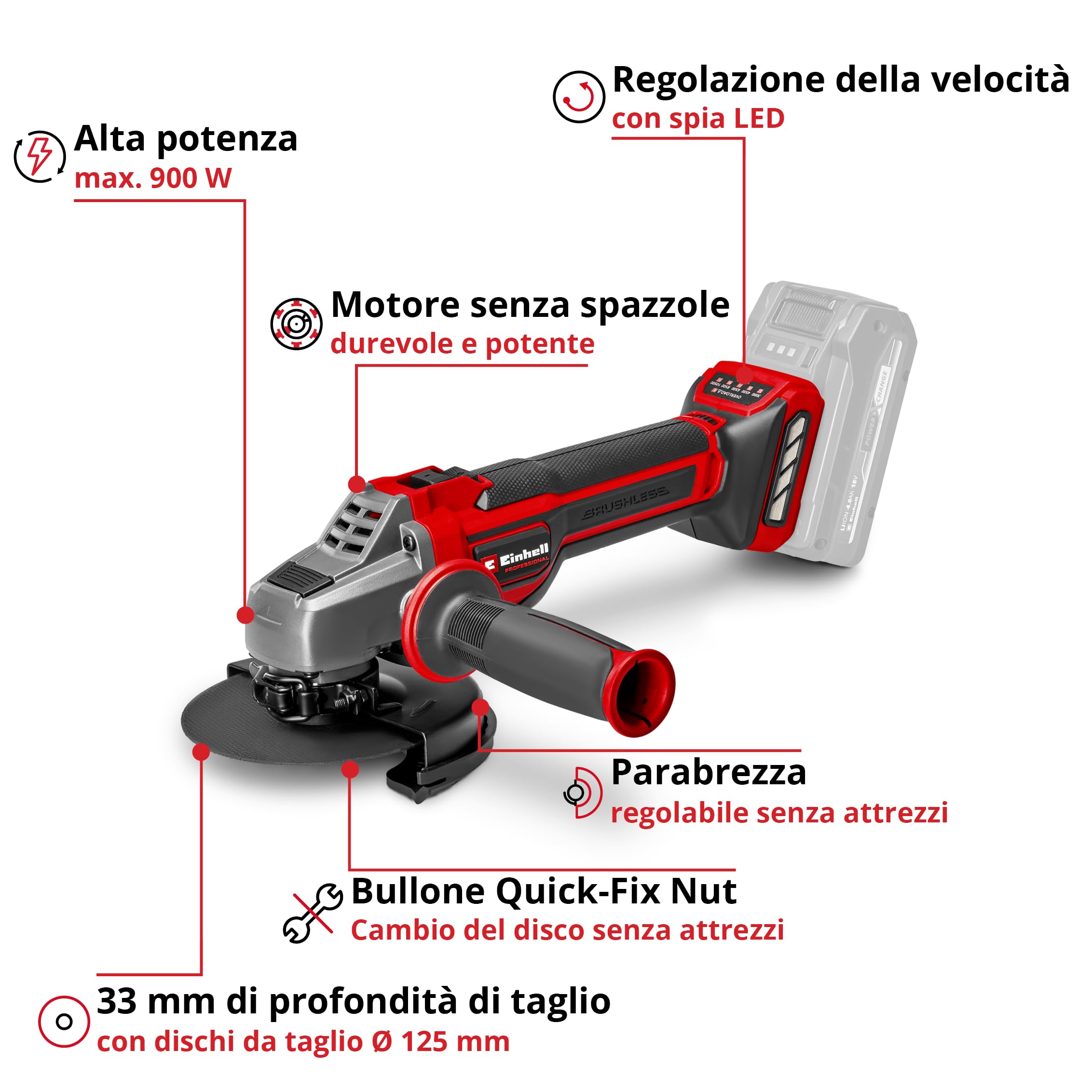 Smerigliatrice angolare a batteria professionale Einhell TP-AG 18/125 CE Q Li Power X-Change (18 V, 900 W, Ø 125 mm, profondità taglio 33 mm, brushless, disco da taglio e batteria esclusi)