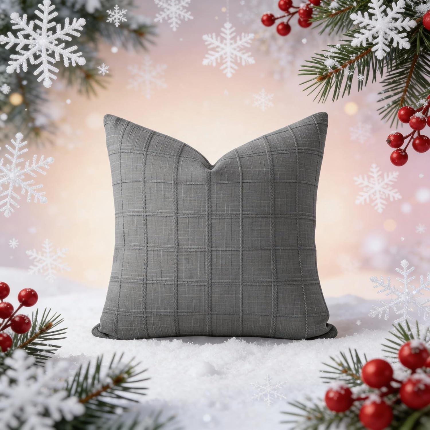 Linen Throw Pillow Covers 18x18 Inch, Textured Plaid Decorative Cushion Covers for Sofa Couch Bed, Farmhouse Square Pillowcase, Grey, 2 Pack