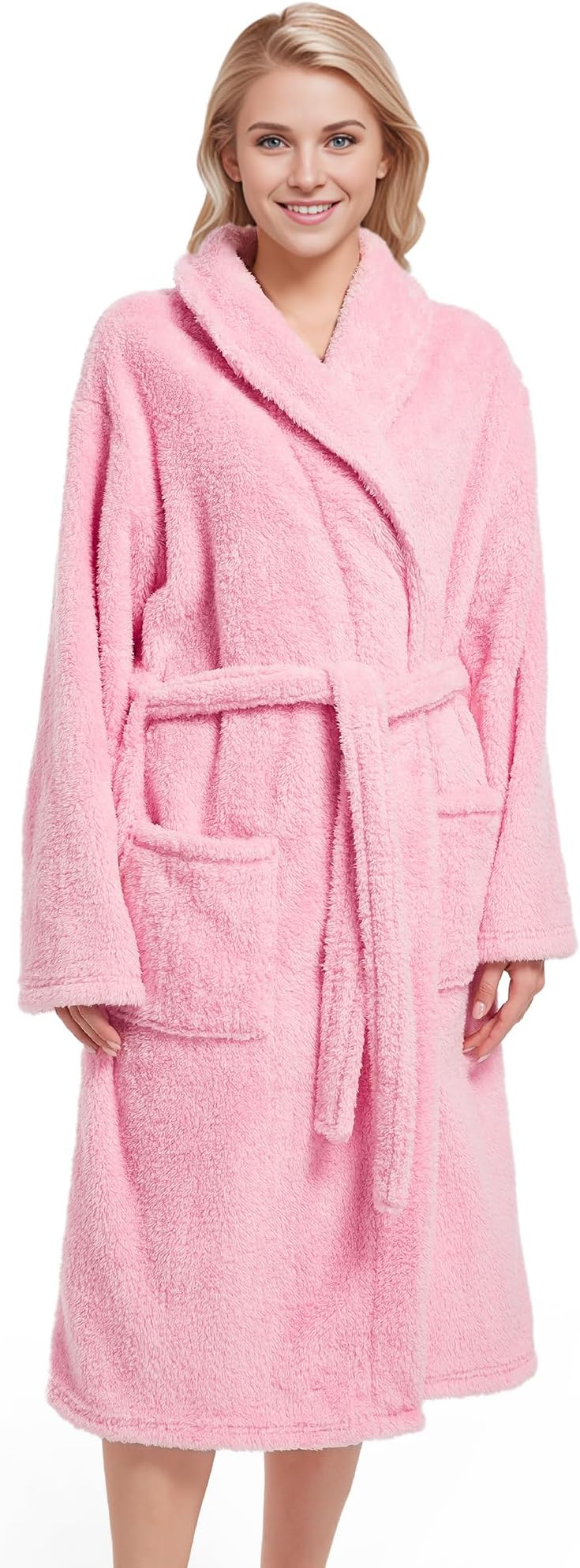 Womens Plush Fleece Robe, Cozy Warm Bathrobe Fuzzy Female Spa Robe With Pockets