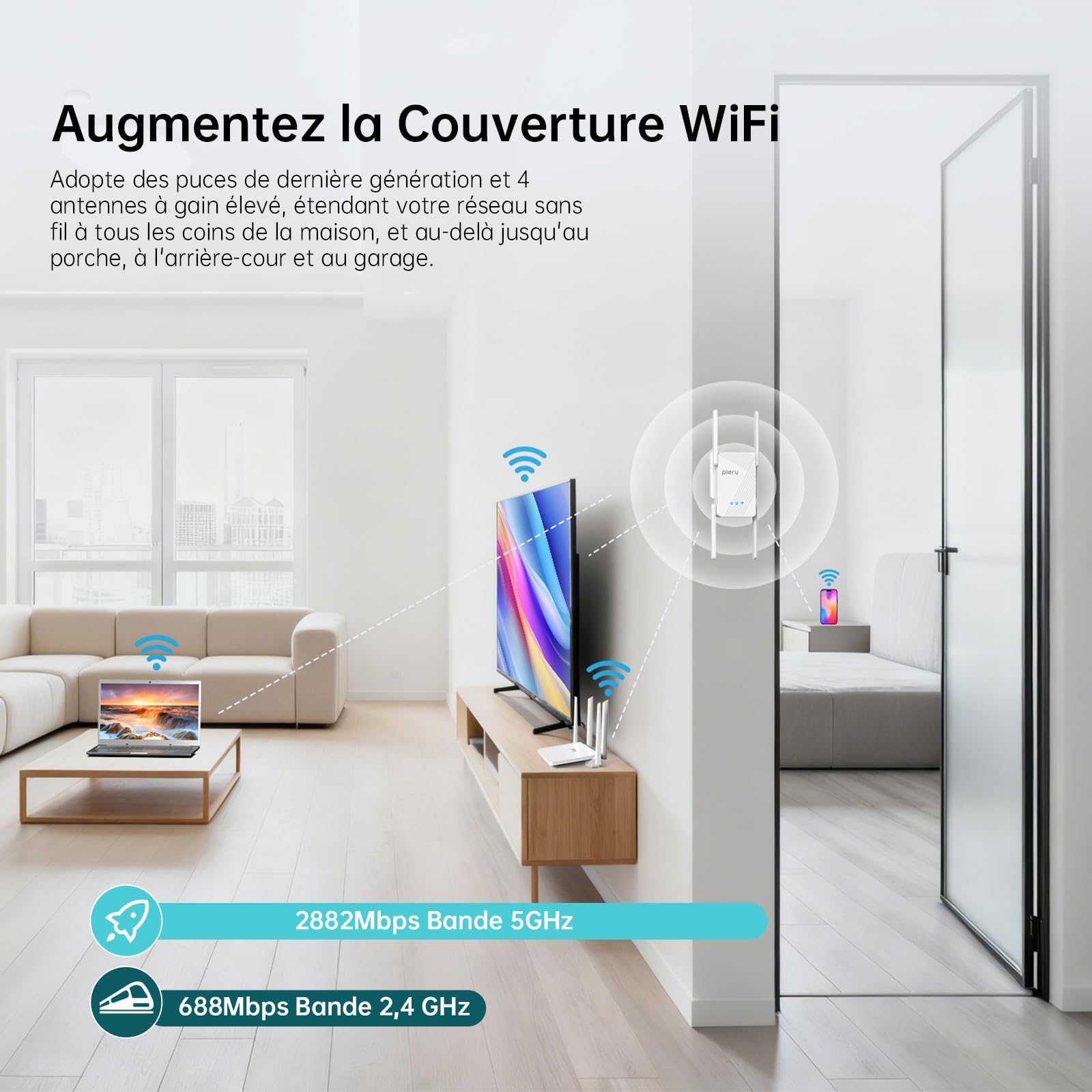 Répéteur WiFi 7 Double Bande Amplificateur WiFi sans Fil Puissant | 5GHz/2.4GHz Repeteur WiFi Extender, WPS Fonction, 4 Antennes, Gigabit Port Ethernet, Compatible avec Toutes Les Box Internet