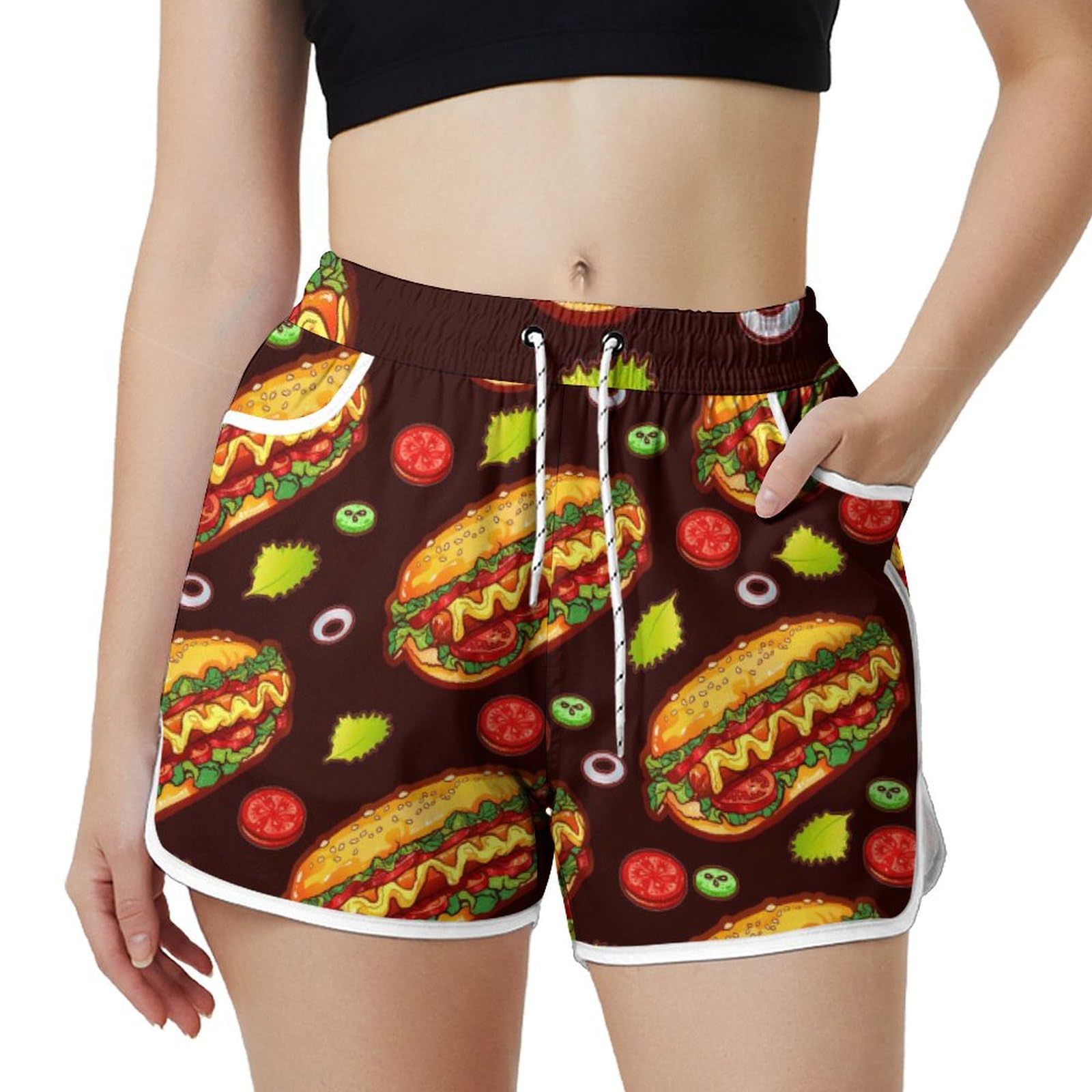 AYUNIX Women's Running Shorts with Pockets Quick Dry Performance Shorts for Women Pizza Hot Dog Athletic Workout Gym Shorts White