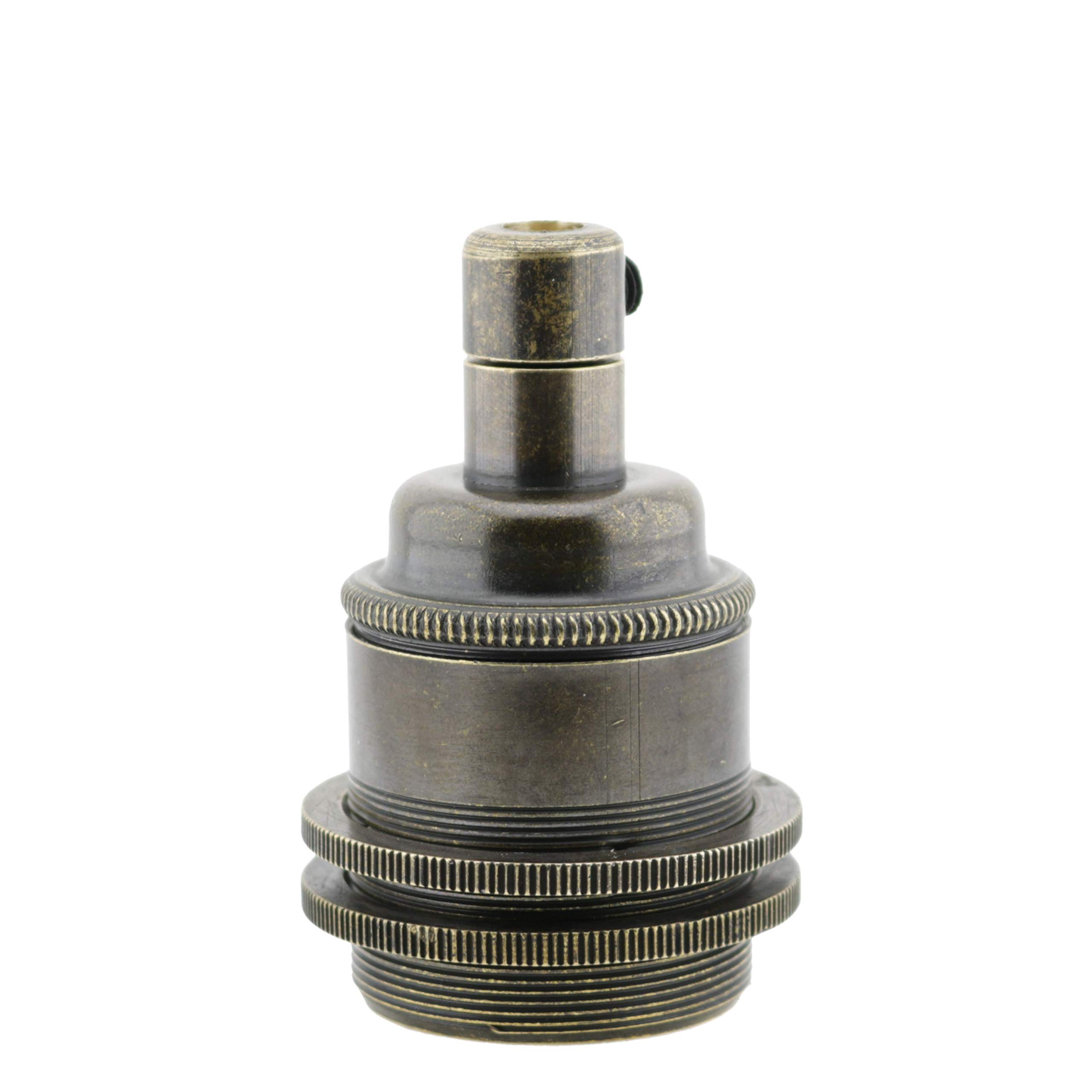 Art Deco Emporium E27 Lampholder With Metal Cord Grip Edison Screw (E27) Solid Brass Earthed Lampholder In Antique Finish With 2 Shade Rings And Metal Cord Grip