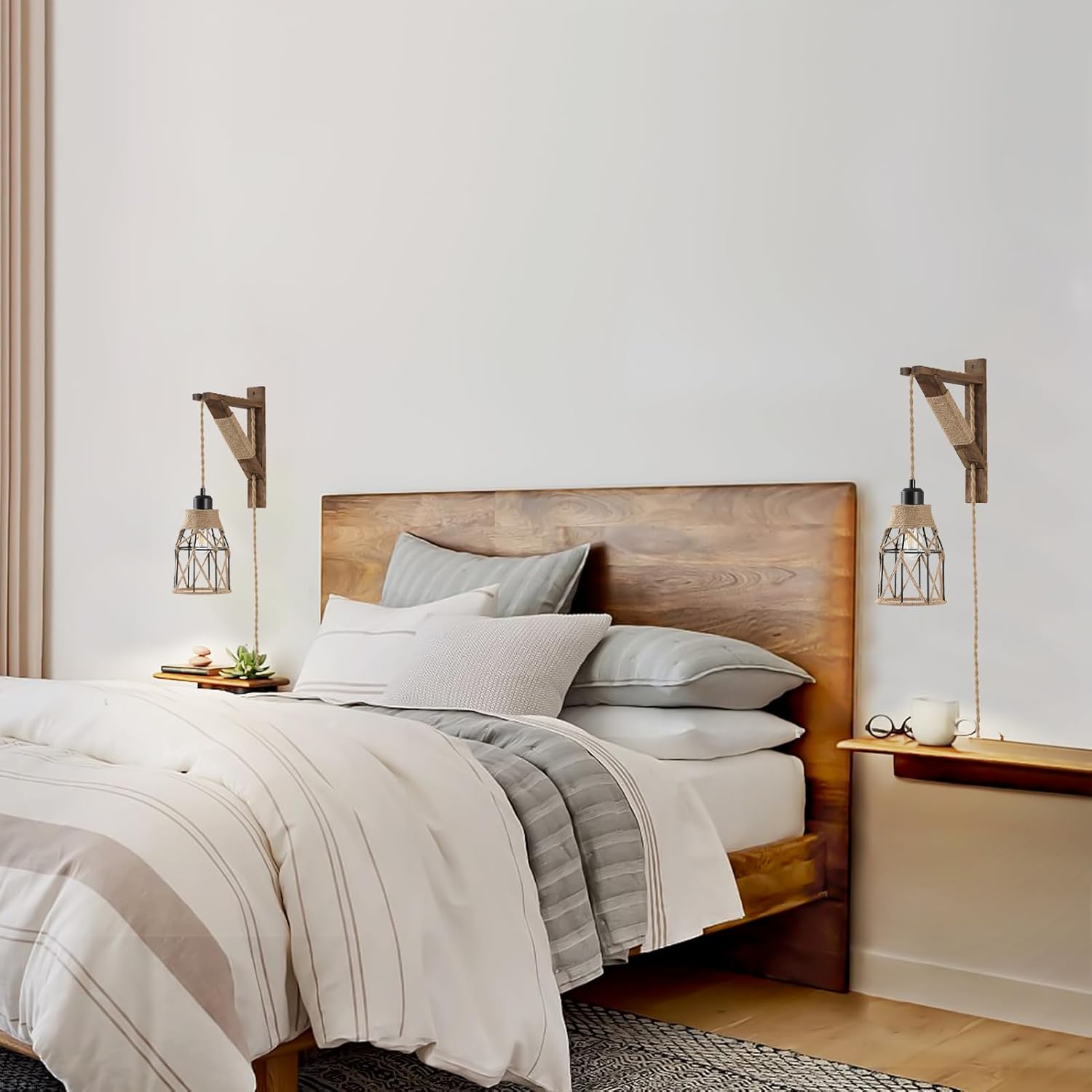 SEEBLEN Plug in Wall Sconces Set of 2,Farmhouse Hanging Lamps That Plug into Wall Outlet, Rustic Metal Cage Sconce with Wooden Bracket for Bedroom Living Room Headboard.