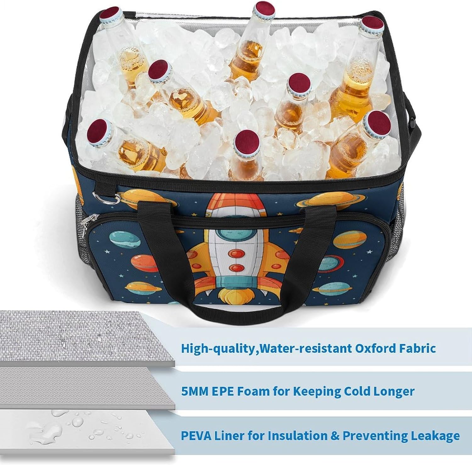 Large Capacity Oxford Cloth Rocket Clipart Space Ship Printed Camping Ice Bag, Outdoor Portable Insulation and Cooling Bag, Suitable for Outdoor Camping and Picnics