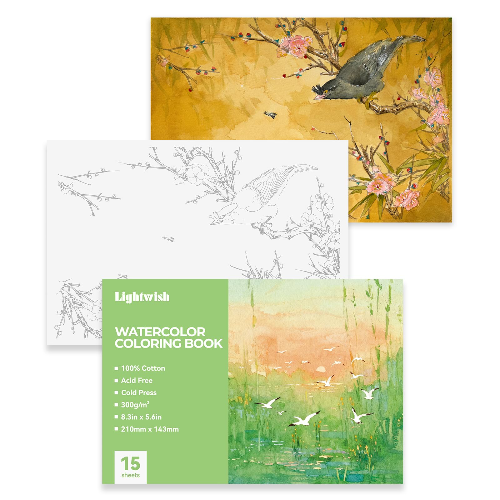 LIGHTWISH Watercolour Coloring Book for Adults & Beginners -Premium 100% Cotton 300gsm Cold-Press Paper | 15 Large Sheets | 21 x 15 cm | Featuring Exotic & Garden Birds | Nature Themed Art