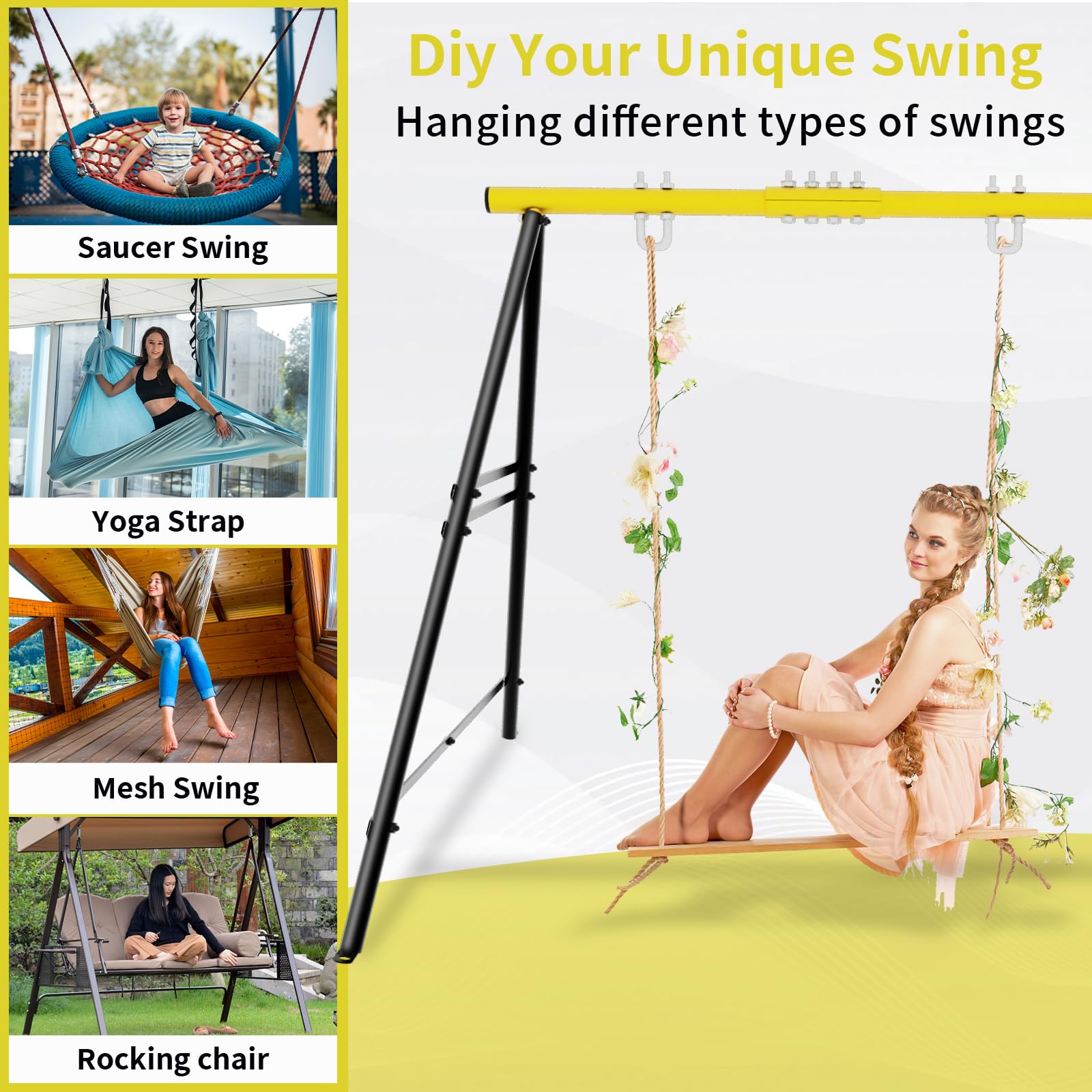 Heavy-Duty Metal Porch Swing Stand Frame - Yellow A-Frame For Kids & Adults, Outdoor/Indoor Use