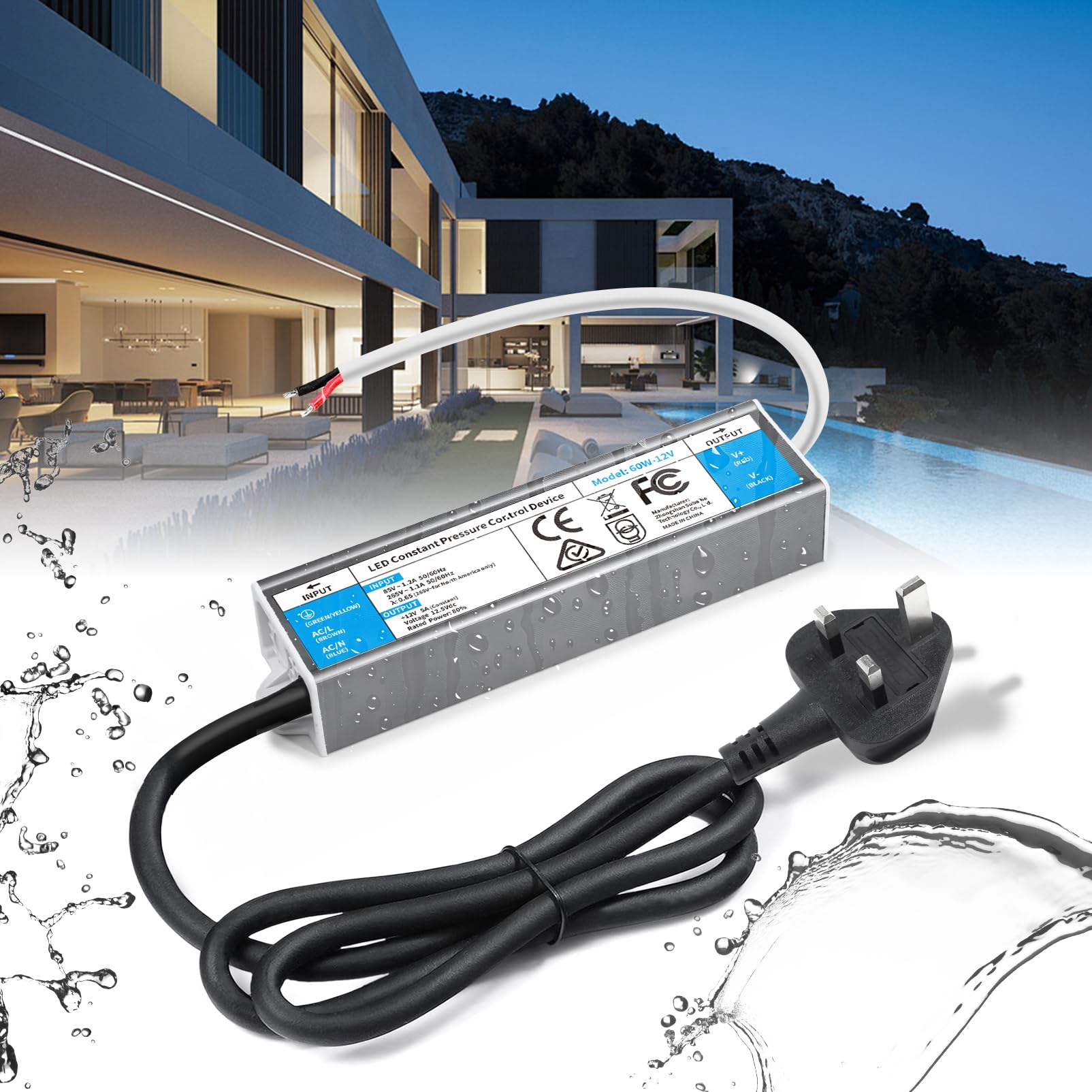 BRIMETI 24V LED Driver 60W LED Transformer Waterproof Outdoor IP67 AC 240V to DC 24V 2.5A Power Supply With Plug Constant Low Voltage Adapter for Strip Light Garden Shed Cabinet Light