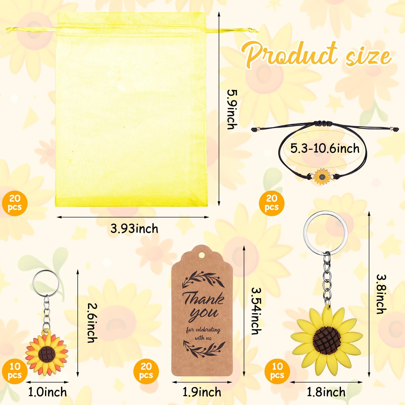 130 regali per feste a forma di girasole con portachiavi con girasole regolabili, adesivi per girasole, etichette di ringraziamento, sacchetti in organza per compleanni, matrimoni, feste estive