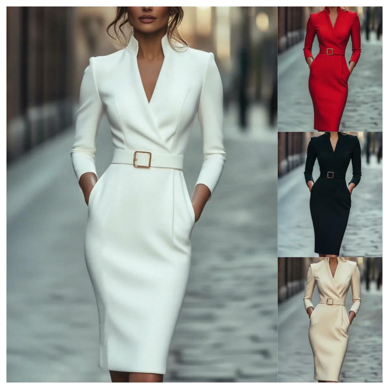 Abito Donna da Stile Francese in Vita Elegante Sera Quotidiano Lavoro D'ufficio A Maniche Lunghe Slim Fit-Rosso-l