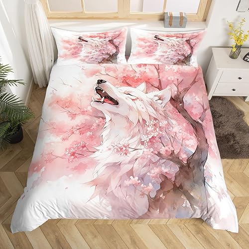 Juego de ropa de cama tamaño individual, funda de edredón floral de lobo blanco con 1 funda de edredón (sin relleno) para niños, juego de funda de