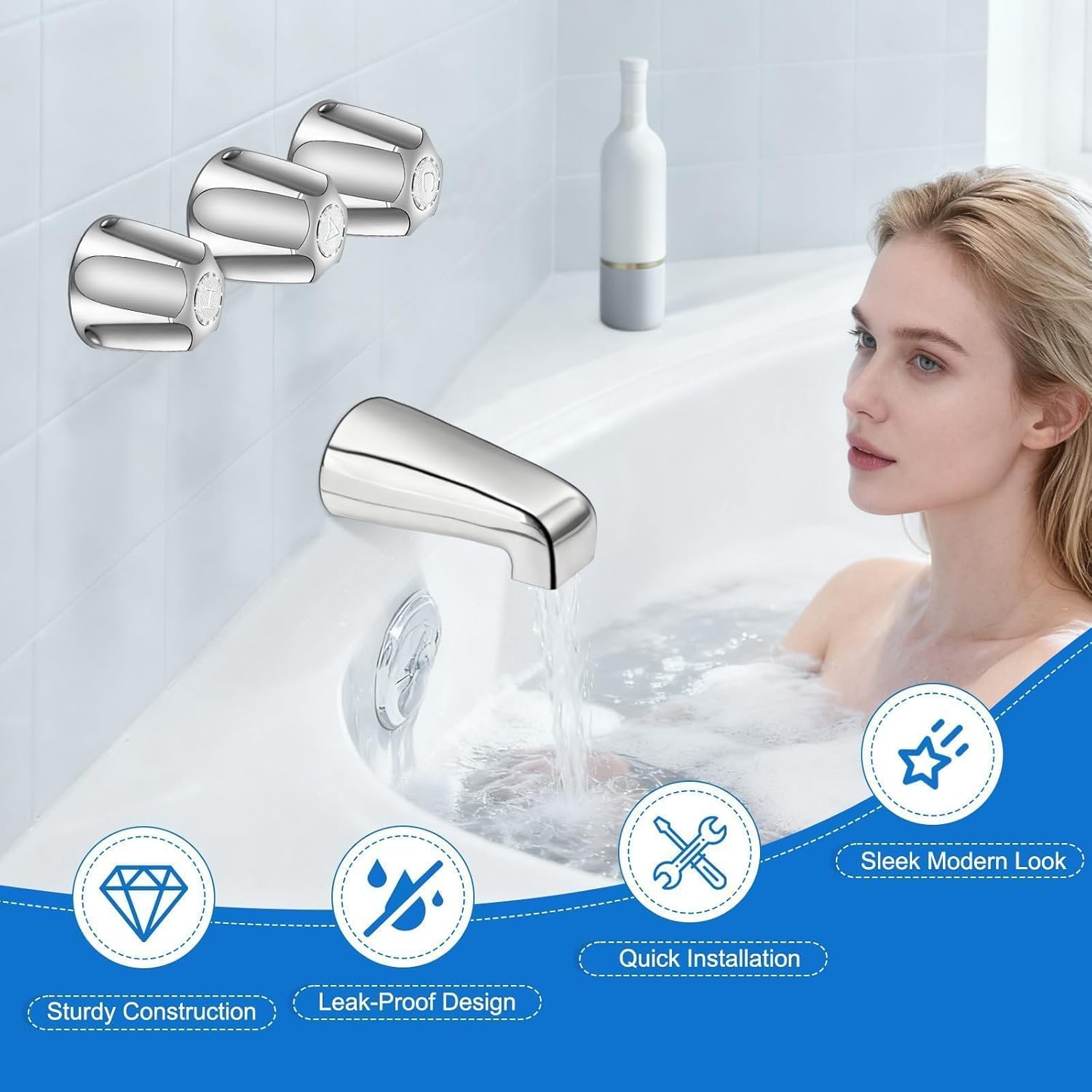 EEEKit Shower Knobs 3 Piece and Bath Tub Spout, Shower Knob Replacement Set with Four in One Tub Adapter Kit, Bathtub Spout Replacement for 1/2'', 3/4'' IPS Inside Thread