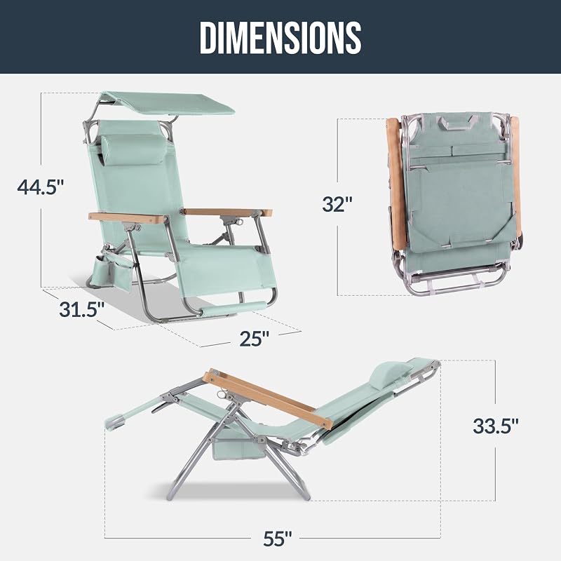 Best Choice Products Beach Chair with Adjustable Canopy, Folding Zero Gravity Reclining Camp Lounge Chair with Backpack Straps & Side Pocket, Aluminum Frame Supports 350 lbs - Seafoam image 3