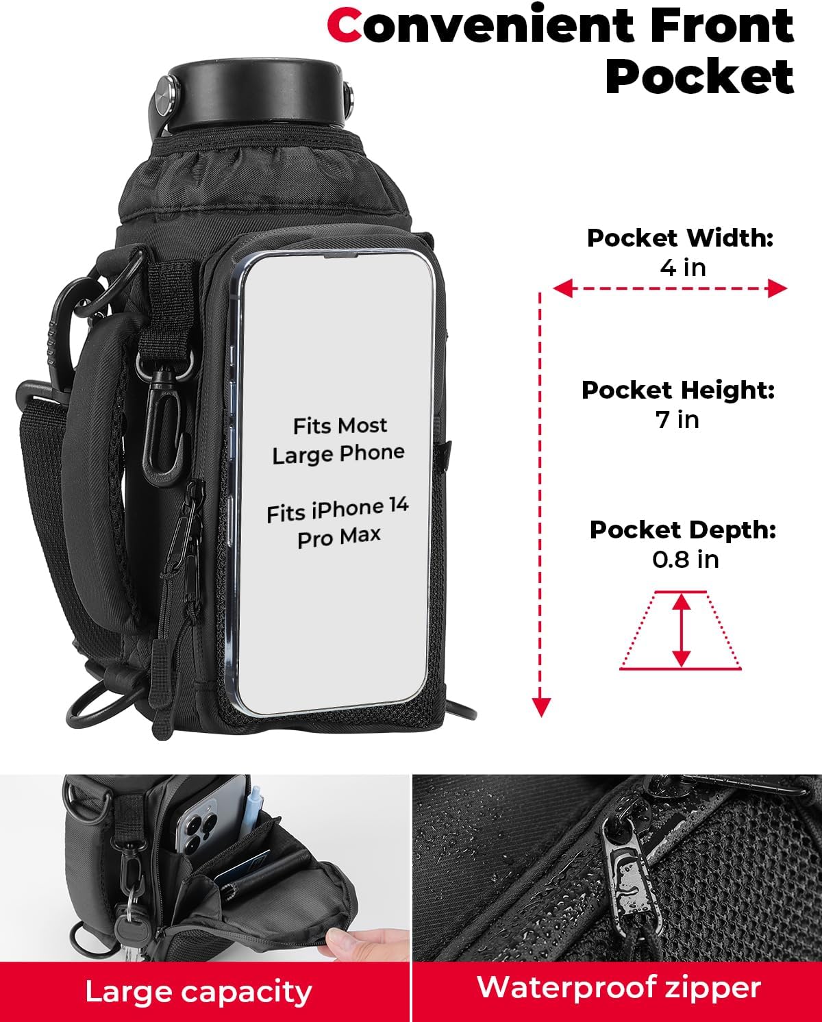 KEMIMOTO Water Bottle Holder Bag, Water Bottle Carrier with Adjustable Shoulder Strap, Water Bottle Pouch Holder for Hiking, Compatible with YETI Stanley SLM 32 oz, 40 oz - Image 4