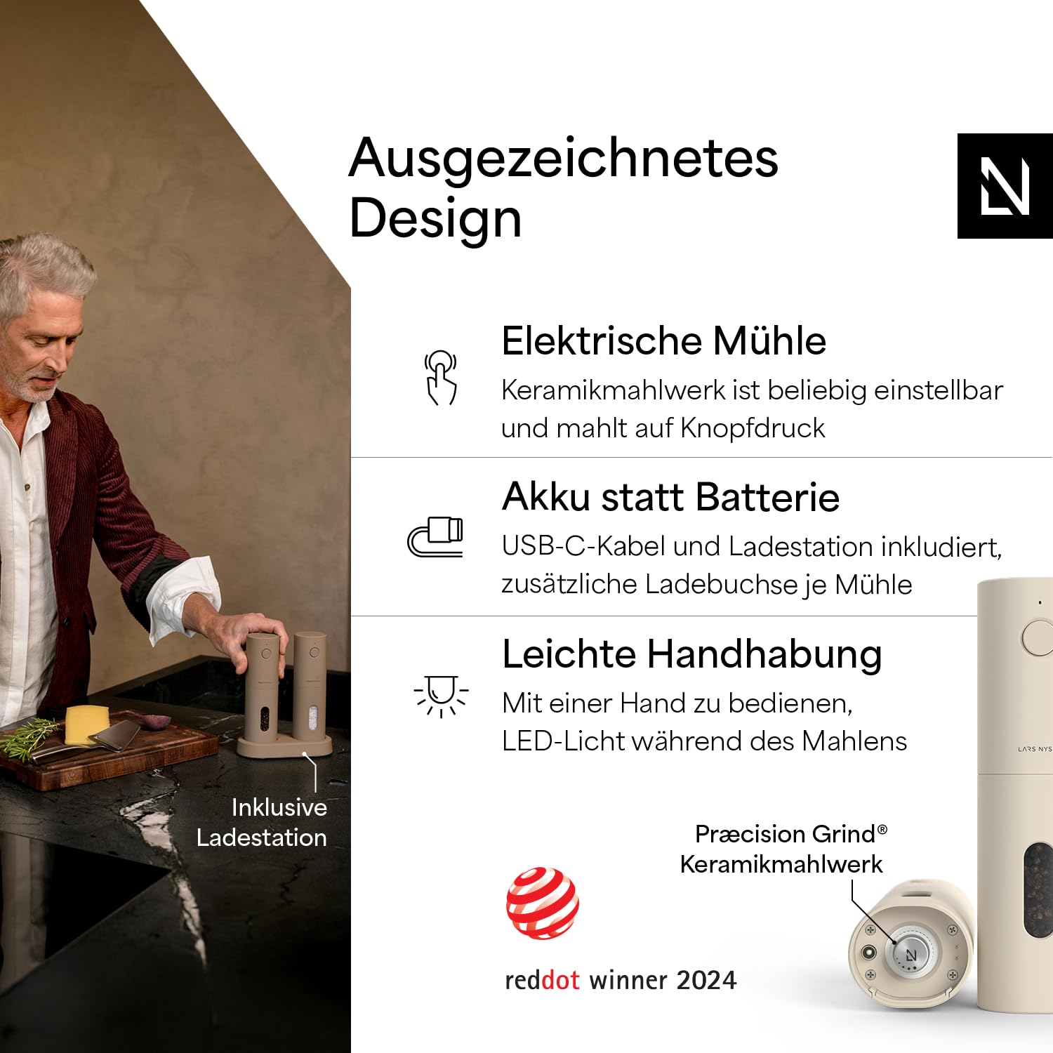 LARS NYSØM Salz und Pfeffermühle Elektrisch - Pfeffermühle mit Ladestation
