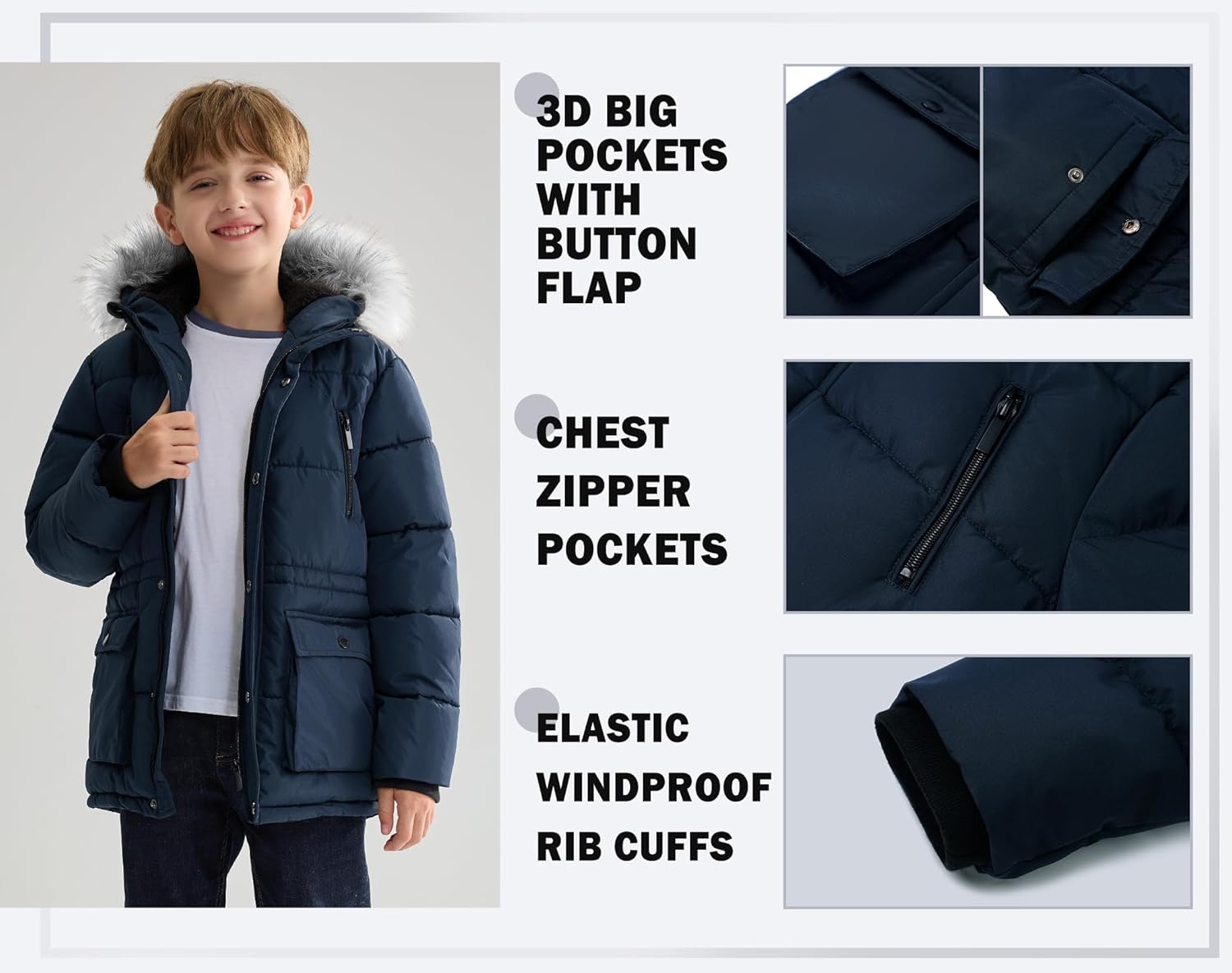 maoo garden Boys Puffer Winter Coat Big Kids Heavyweight Sherpa Lined Fur Hooded Jacket Water-Resistant Snow Parka - Image 5