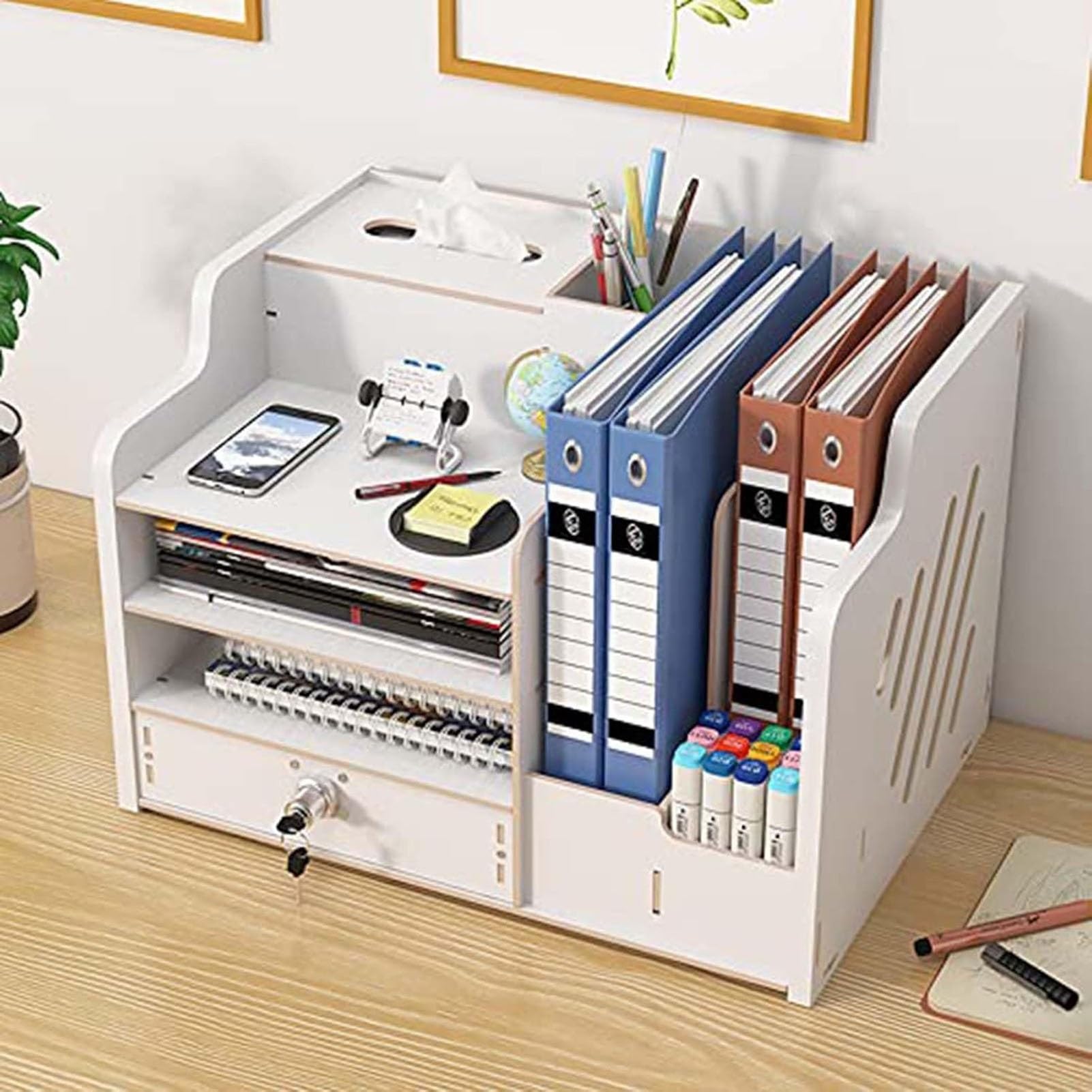 Schreibtisch-Organizer Aus Holz Mit Schublade, Geräumiger Ablagekorb Für Dokumente Und Papier (A4), DIY-Aufbewahrungsbox Für Büromaterialien, Bücherregal Für Zuhause(White)