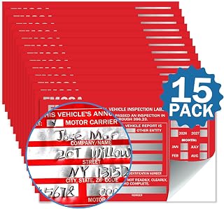 PUNCHMAN Red DOT Annual Vehicle Inspection Stickers - 15 Pack FMCSA Annual Inspection Aluminum Adhesive Labels,6" X 3.5" Exterior Vehicle Permanent Stickers,DOT Compliant Inspection Sticker Tags