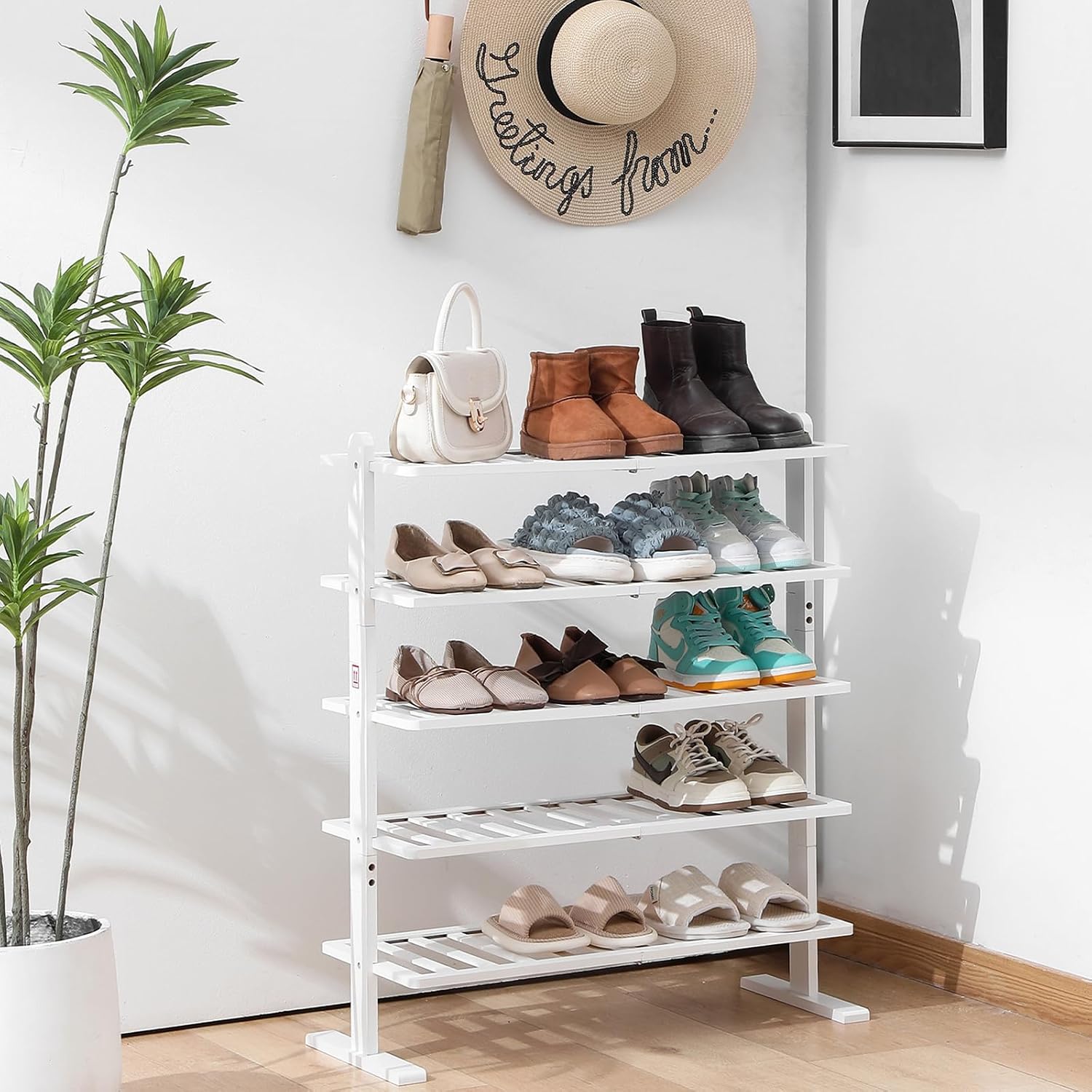 White Shoe Rack, 5-Tier Bamboo Shoe Rack Organizer for Closet and Entryway, Thick Wooden Free Standing Shoe Shelf for Small Spaces, Sturdy & Versatile for Bedroom and Garage