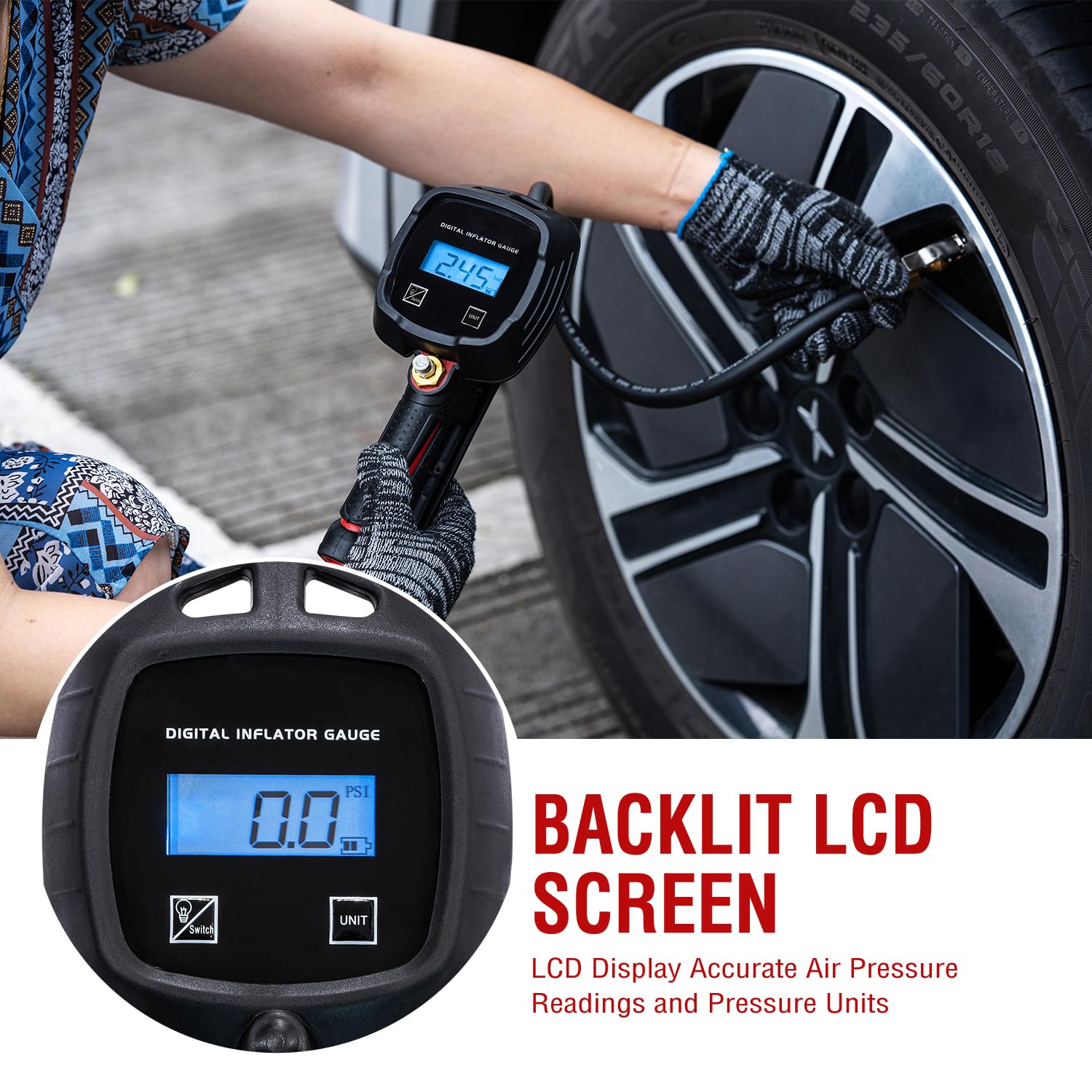 ORAZIO 4 en 1 Manometre Pression Pneu Gonfleur Pneu Numérique 230 PSI avec Écran LCD, Accessoire Compresseur à Air Outil de Pneu pour Véhicules Robuste Voiture Moto Vélo