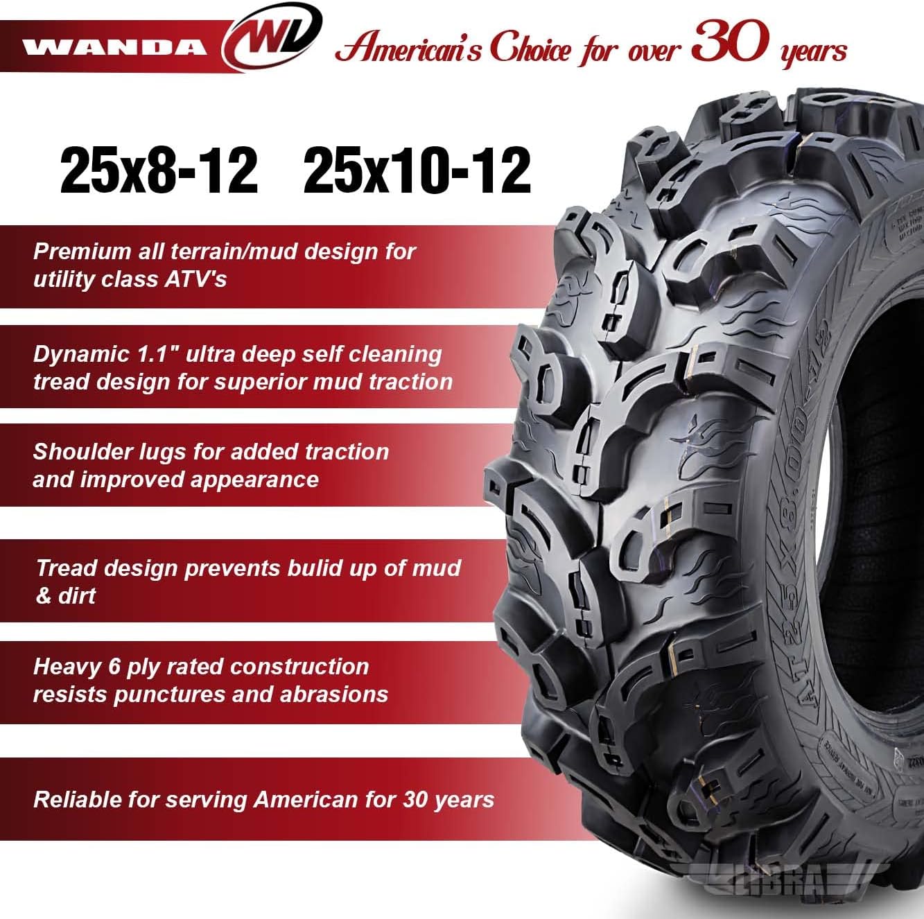 WANDA Set of 4 New Premium ATV/UTV Tires 25x8-12 Front & 25x10-12 Rear /6PR Super Lug Mud