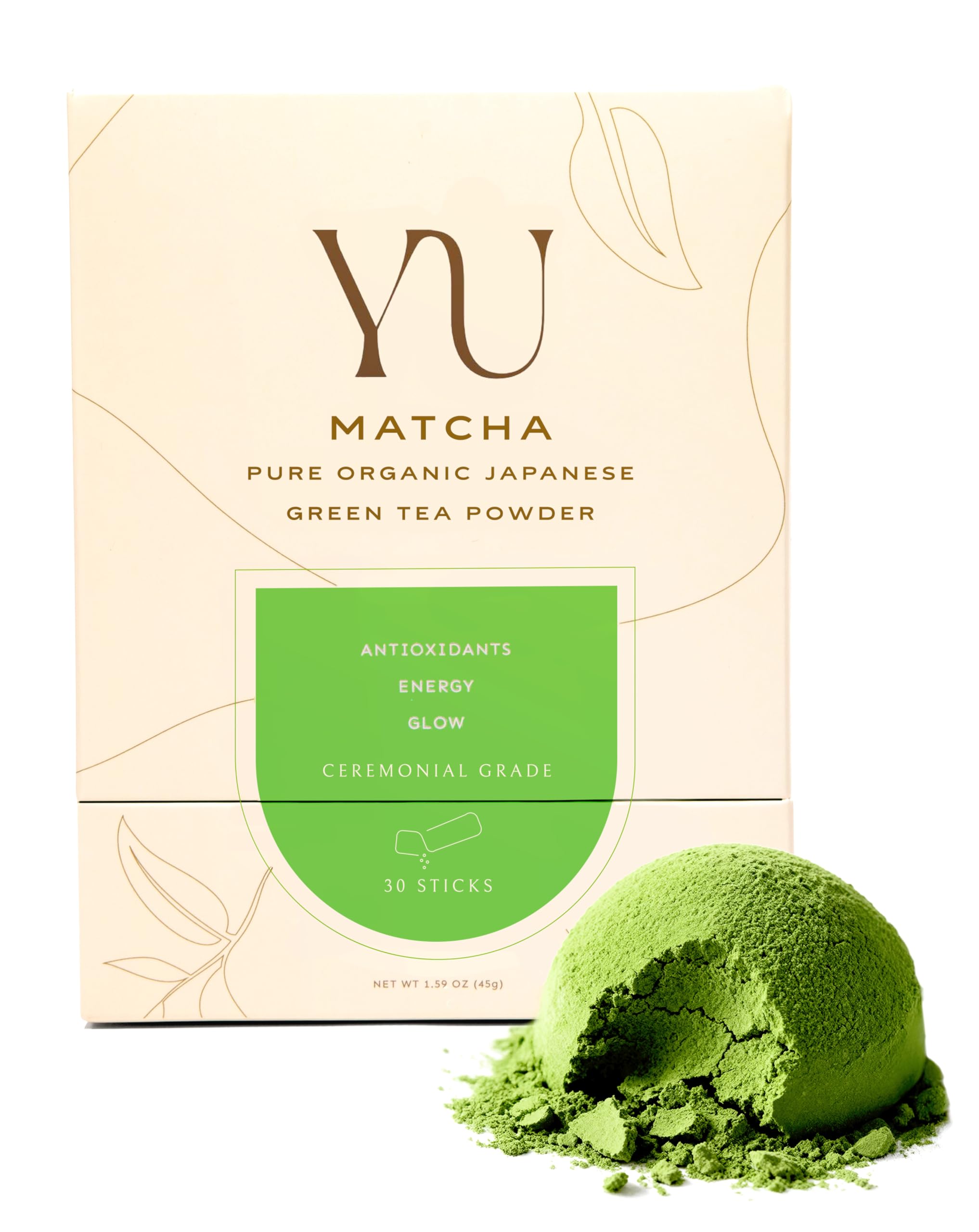 Yu Tea Organic Ceremonial Grade Matcha Powder, 30 Instant Packets | Packed with Antioxidants, L-Theanine & Natural Caffeine | Unsweetened Grade A