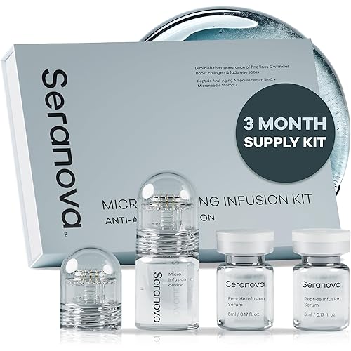 Seranova Micro Infusion System for Face & Neck 0.05mm Stamp with Hyaluronic Acid & Collagen Peptide Serum for Firmer Smoother-Looking Skin, Easy 5-Minute At-Home Skin Care Application - 3 Month Supply