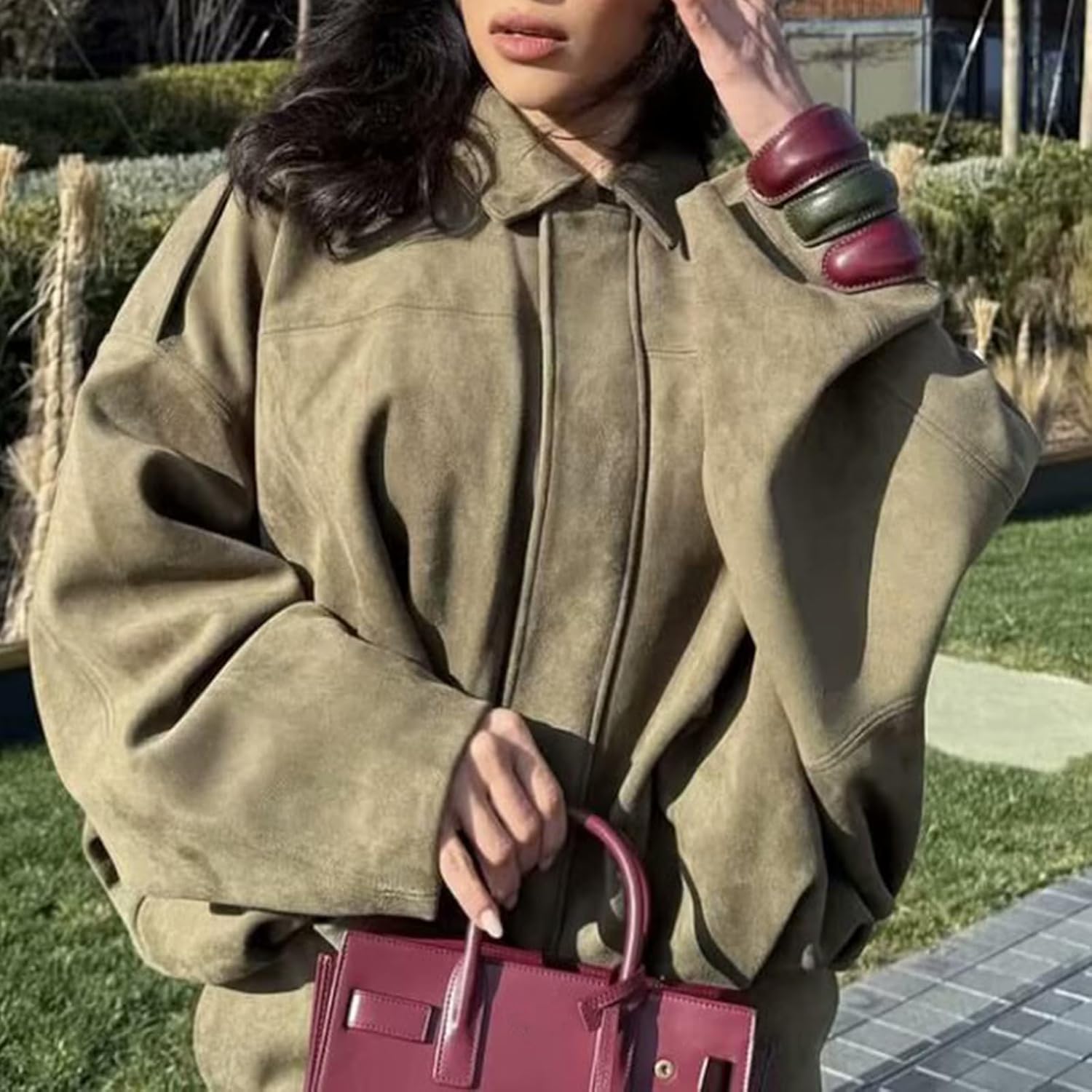 HOTIAN Women's Faux Suede Bomber Jacket Zipper Pilot Coat Casual Lapel Oversized Long Sleeves Y2K Outerwear Coats - Image 5