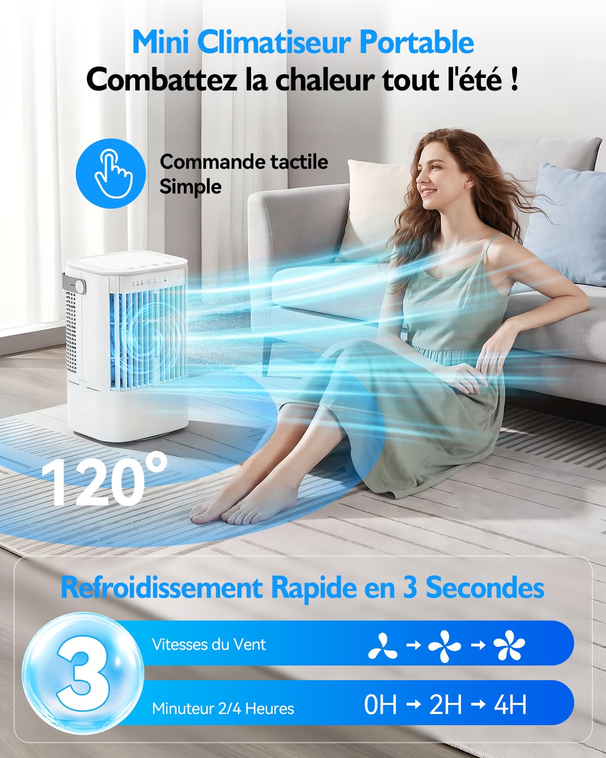 Climatiseur Portable, 4-En-1 Refroidisseur par éVaporation avec 3 Vitesses & 2 Modes Brumisation, 900 Ml Mini Climatiseur, Ventilateur USB avec LumièRe Rgb & 2/4h Minuterie pour Chambre Bureau Camping