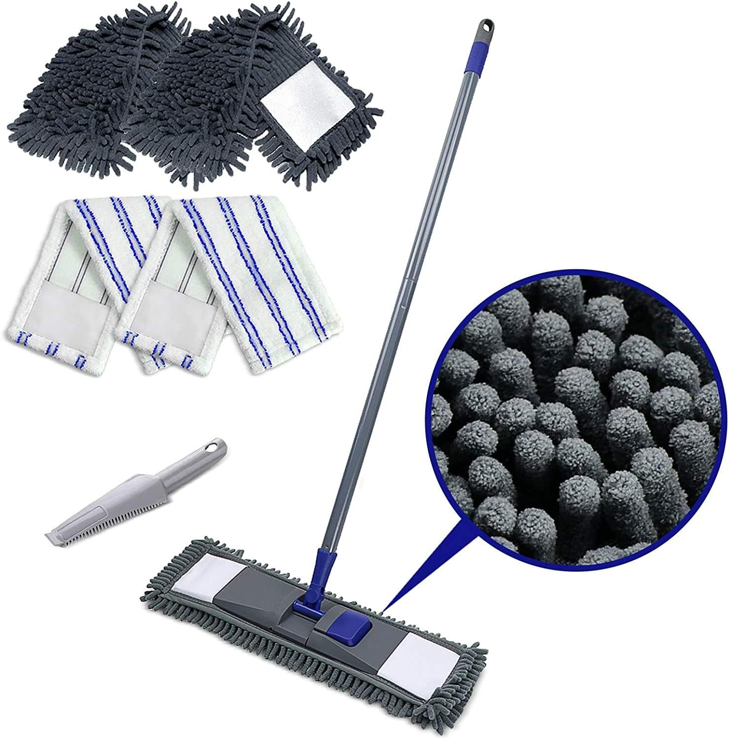 Masthome Flat Mops,Floor Mops with 4 Chenille & Microfiber Pads,Microfiber Dust Cleaning Mop for Laminate Tile Hardwood Floor Cleaning - Send Cleaning Scraper