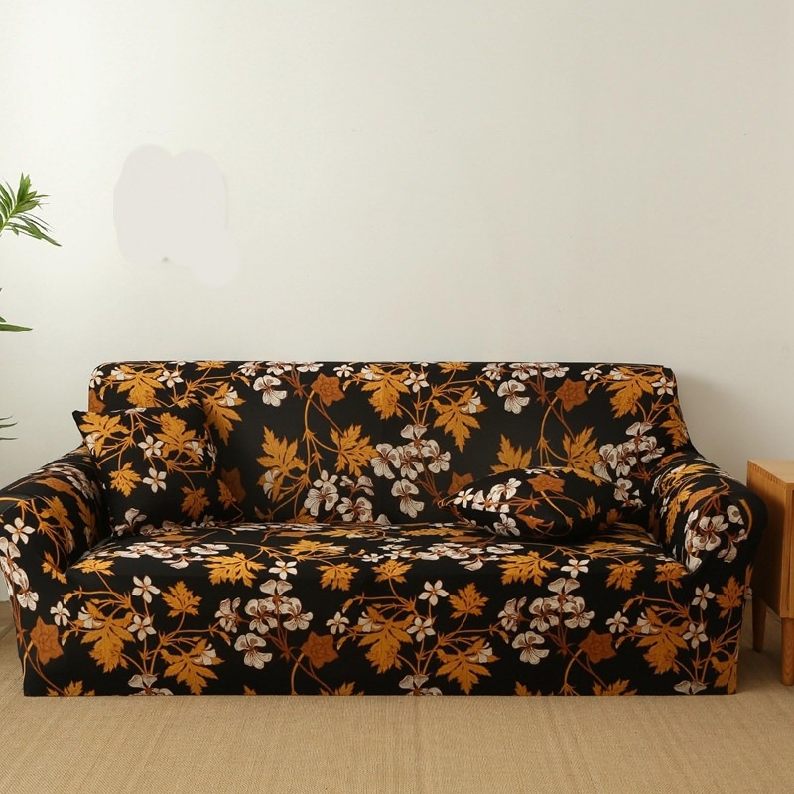 2 Seater Sofa Cover Black Orange Leaves Stretch Sofa Covers Spandex Settee Covers 2 Seater Washable Sofa Protectors from Pets Non Slip Covers for Sofas All Seasons Couch Cover with Elastic Strap