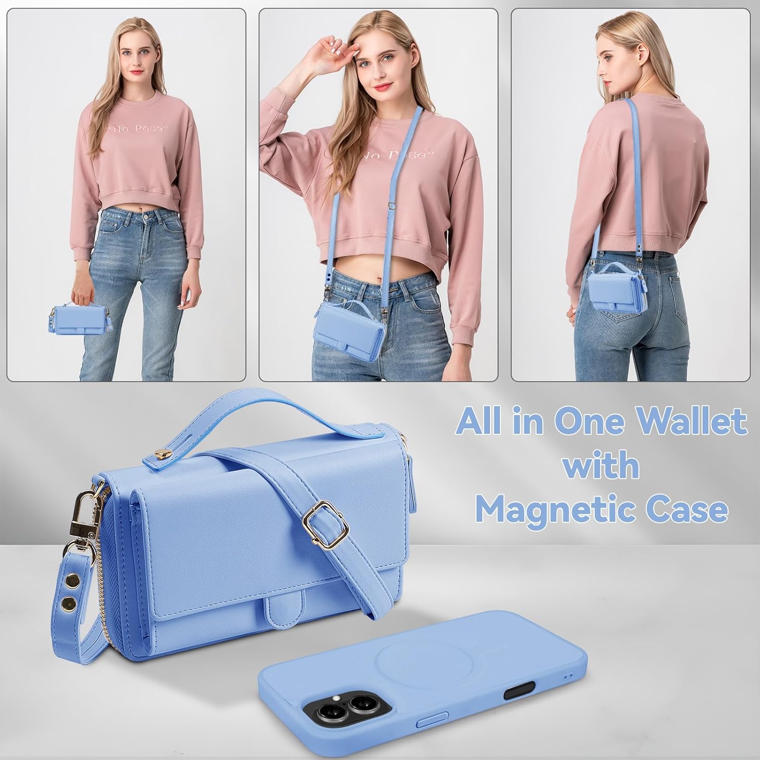 Lacass for iPhone 17 Detachable Crossbody Wallet Case, Compatible with MagSafe Magnetic 2 in 1 RFID Blocking PU Leather Wallet Cover Card Holder Zipper Make Up Mirror (Blue)