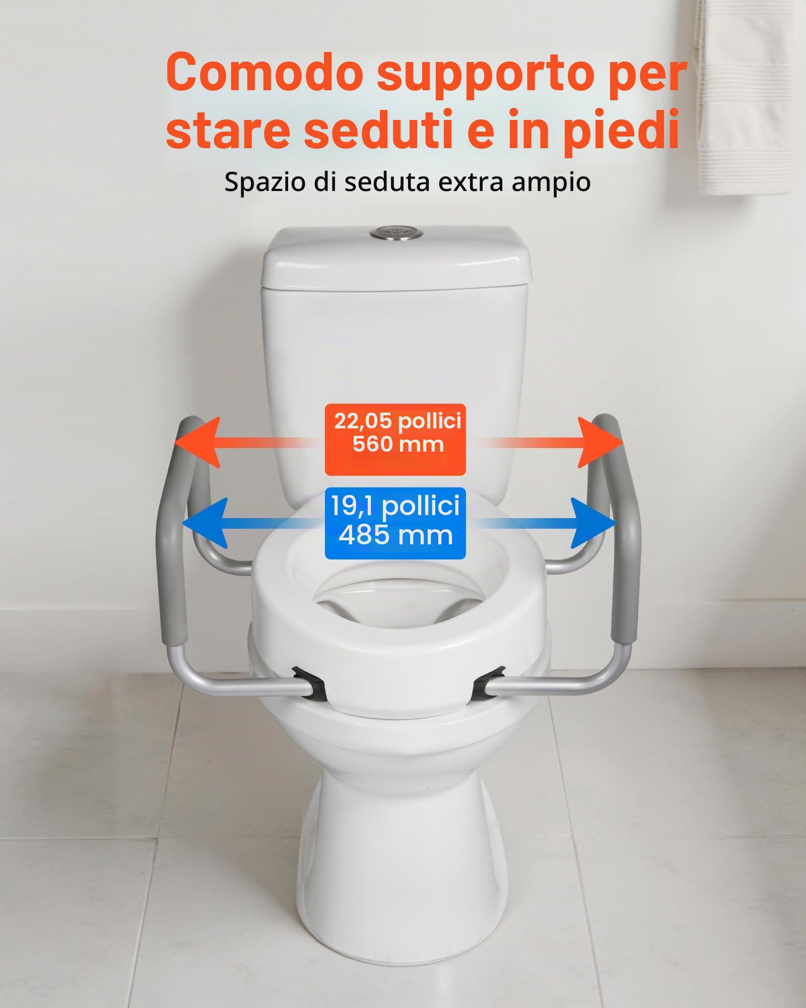 VEVOR Sedile WC Rialzato da Bagno con Capacità di Carico di 136 kg e Altezza di Sollevamento di 88,9 mm, Sedile WC Rialzato e Allargato Universale con Braccioli per Anziani, Disabili, Adulti