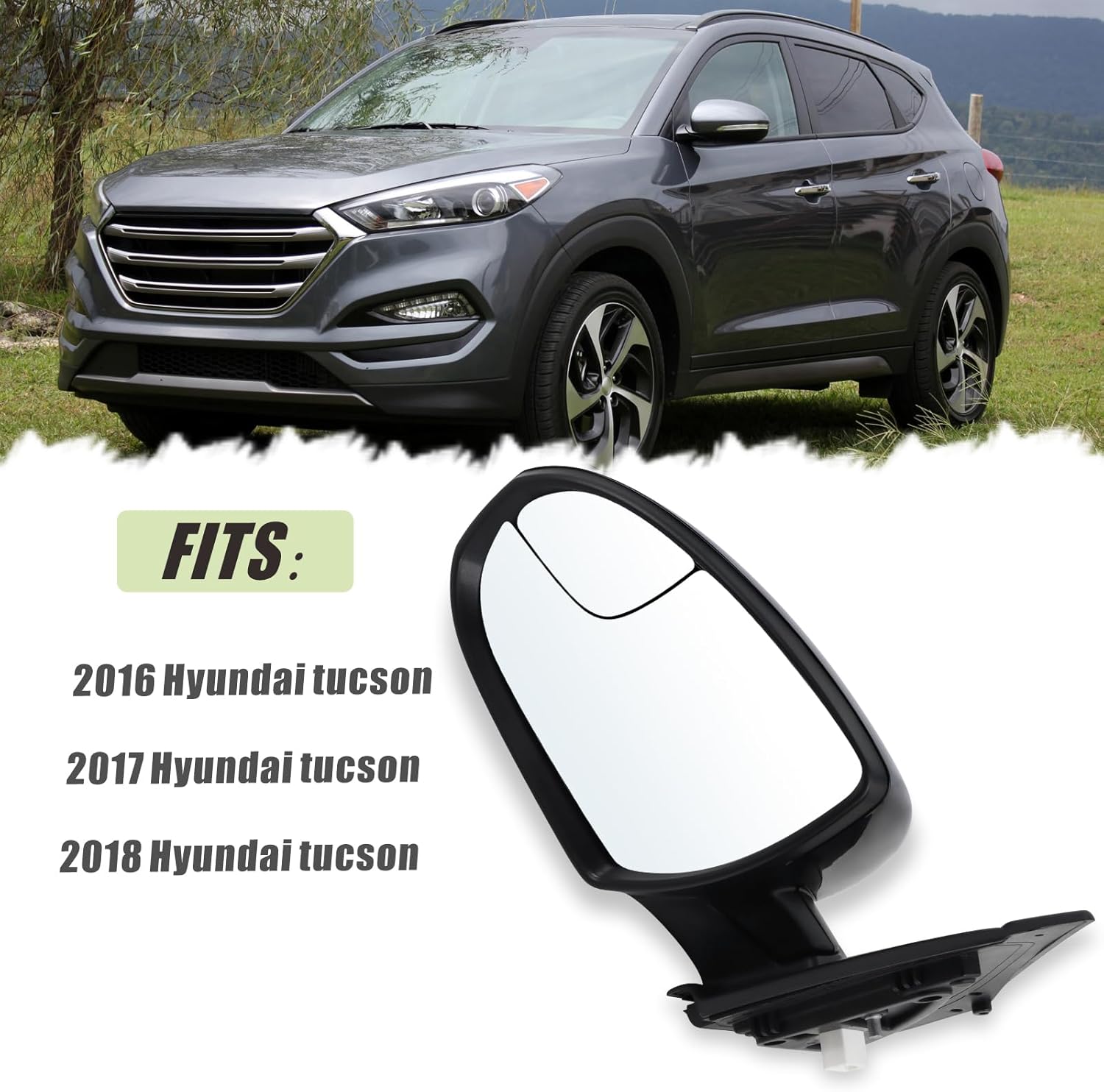 Left Driver Side Mirror Compatible With 2016 2017 2018 Hyundai Tucson With Manual folding Power glass Heated Black Replace #87610D3410(5Pins)