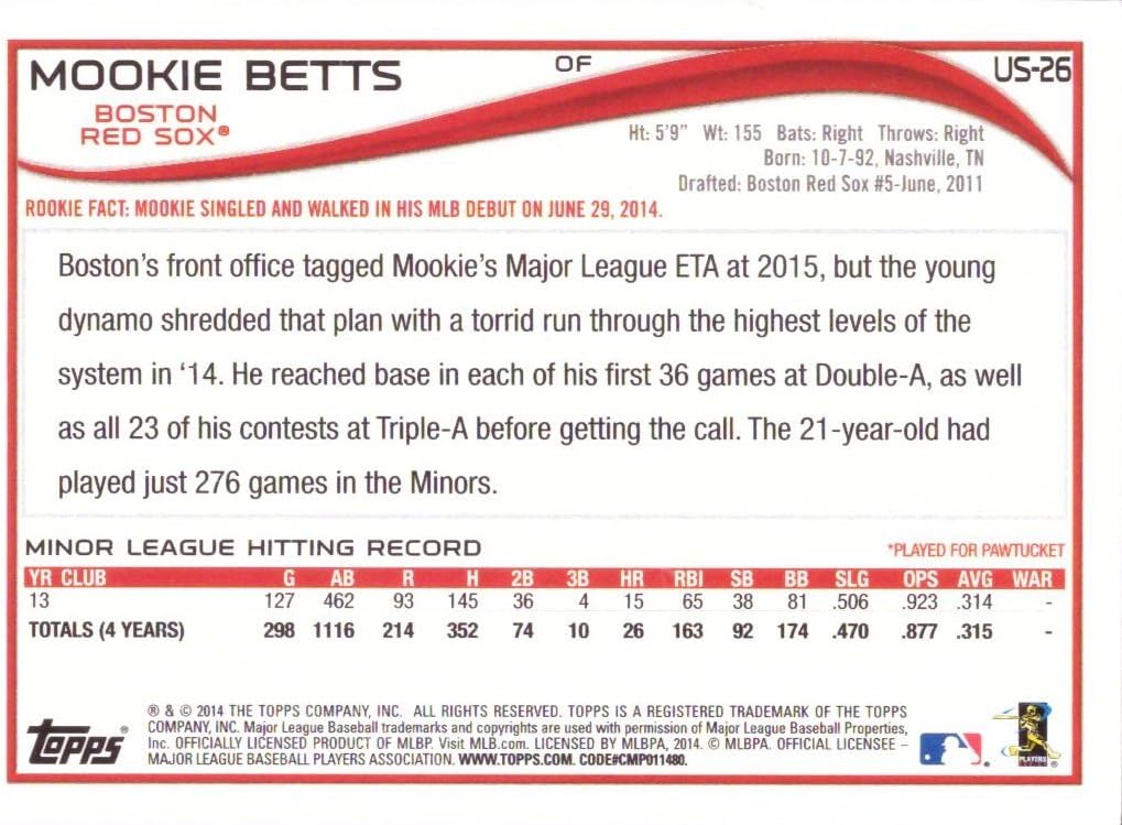 2014 Topps Update Baseball #US-26 Mookie Betts Rookie Card
