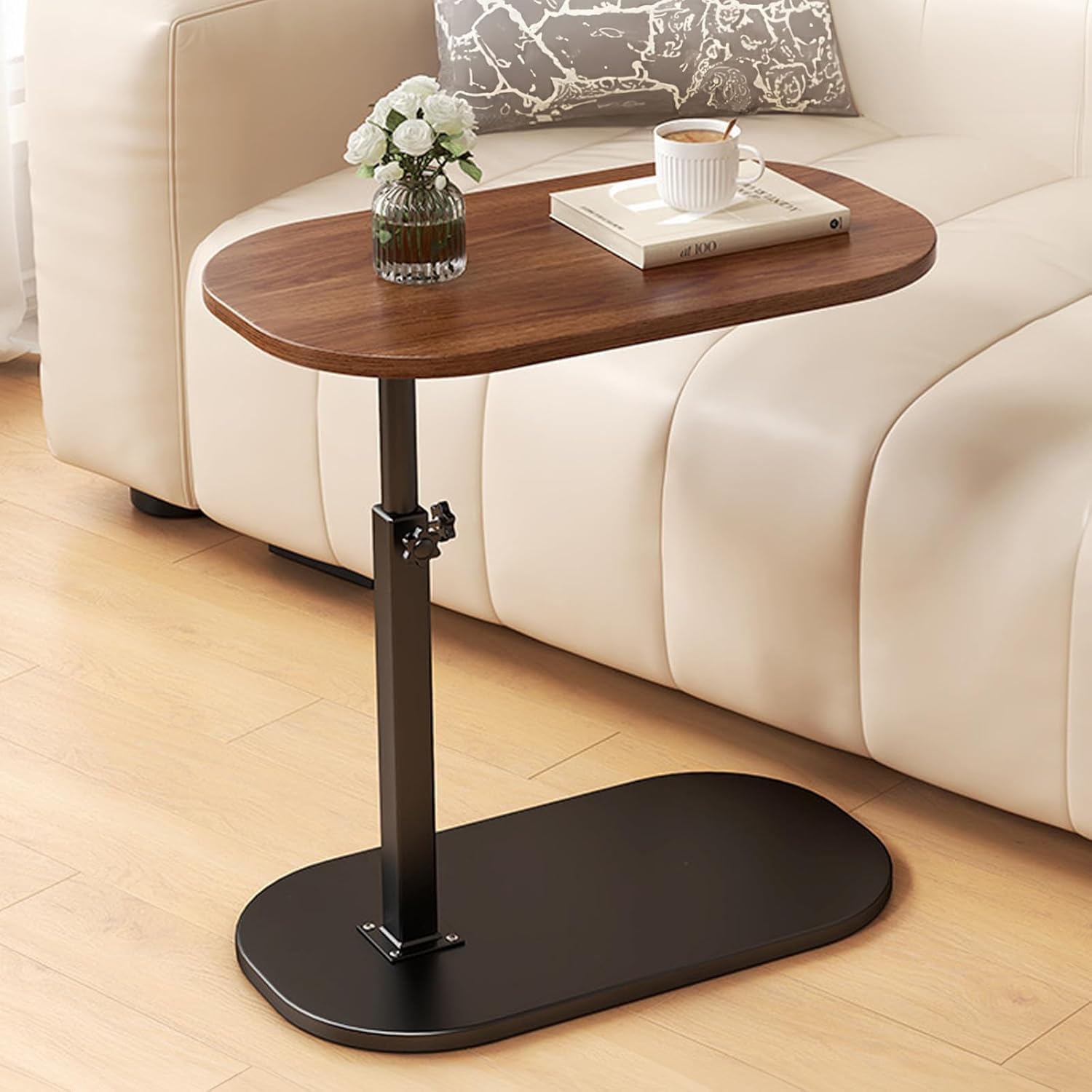 AHSBND Side Table Lifting Laptop Desk: C Shaped End Tables Adjustable Height 360° Swivel Tabletop That Slide Under Bedside Nursing for Coffee Couch Sofa Bathtub (Lift walnut color)