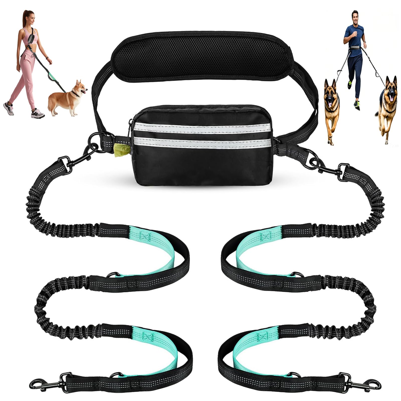 Hands Free Dog Leash Waist & Crossbody for Walking, No Pull Heavy Duty Bungee Double Dog Leash for Two Dogs with Pouch, Padded Handles & Reflective for Large Medium Dogs, Black
