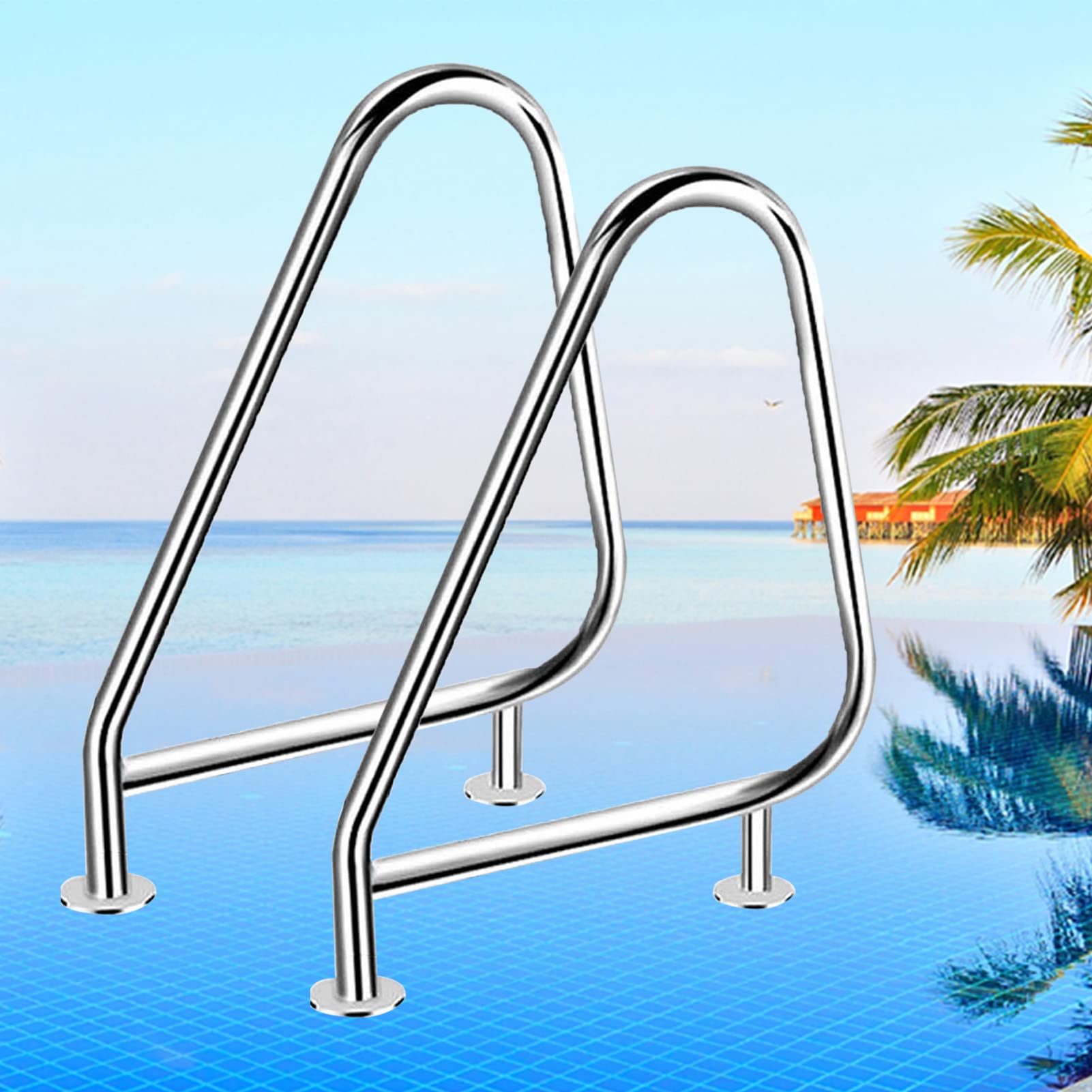 Rampe de piscine creusée en inox argenté avec main courante à 3 coudes
