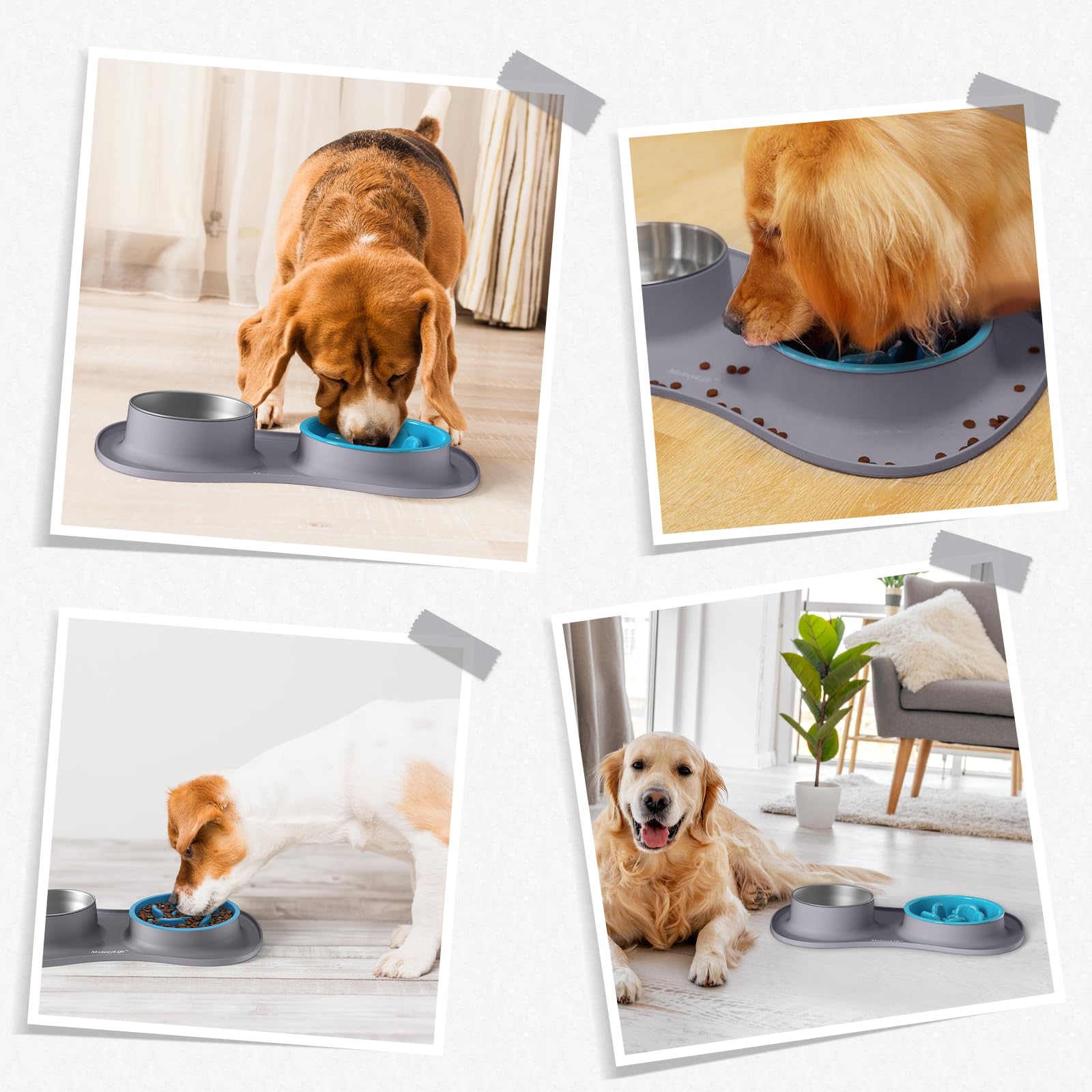MateeyLife Juego de Boles para Perro 3 en 1, Comedero Antivoracidad Perro y Bebedero de Acero Inoxidable con Alfombrilla Antideslizante de Silicona, Cuencos para Perros de Todas Las Razas 43.7×25.9 cm