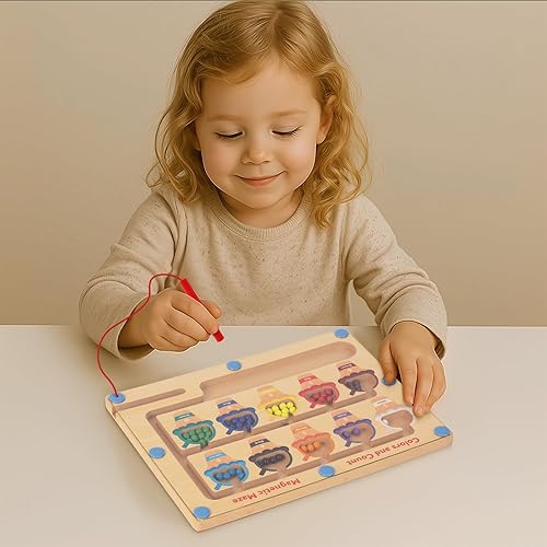 Magnetic Color & Number Maze - Montessori Wooden Color Matching Learning Counting Puzzle Board - Toddler Fine Motor Skills Toys for Boys Girls 3 4 5 Years Old